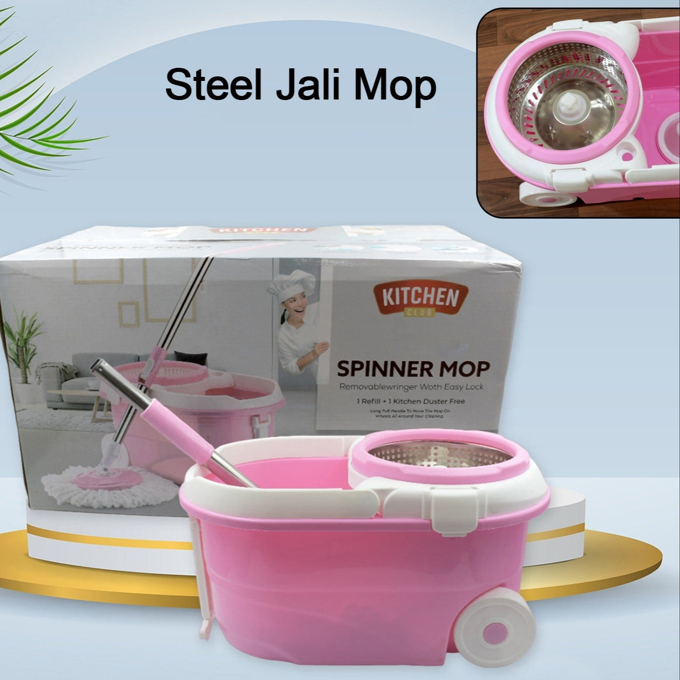 Mop With Bucket For Floor Cleaning With Steel Spin Mop For Floor Cleaning Floor Cleaner Mop Spin Mop Magic Mop Mop Stick Spin Mop Set With Bucket Household Office Cleaning Tool Mop - Happy Price - Image 1