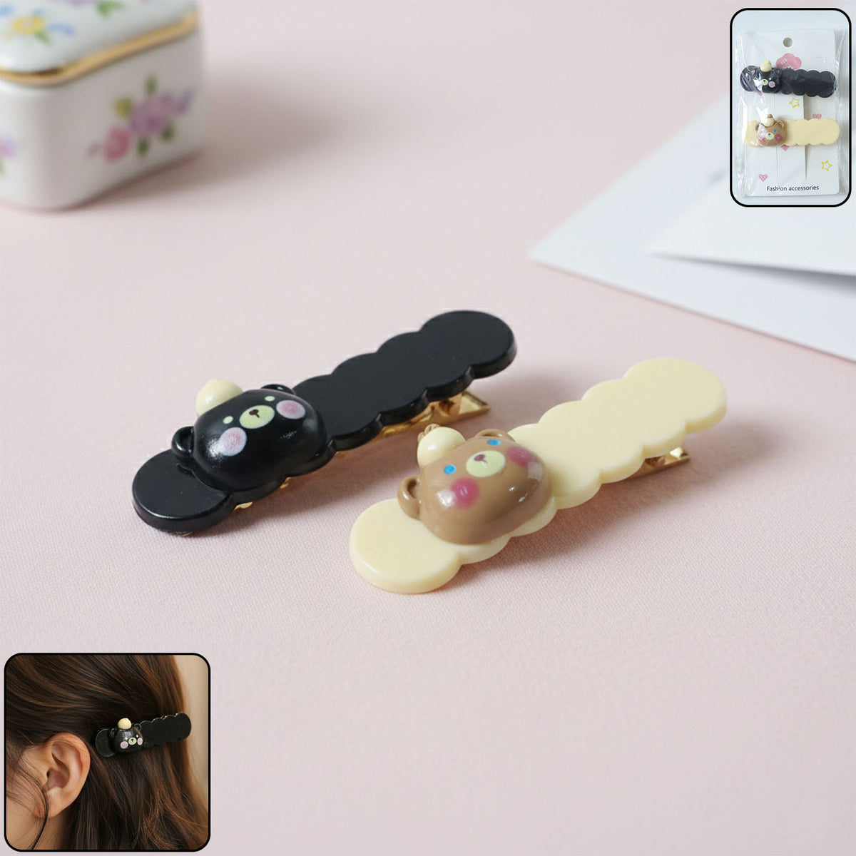 Cute Teddy Bear Hair Clips Set (2 Pc) - Adorable Cartoon Hair Pins for Girls & Women - Happy Price - Image 2