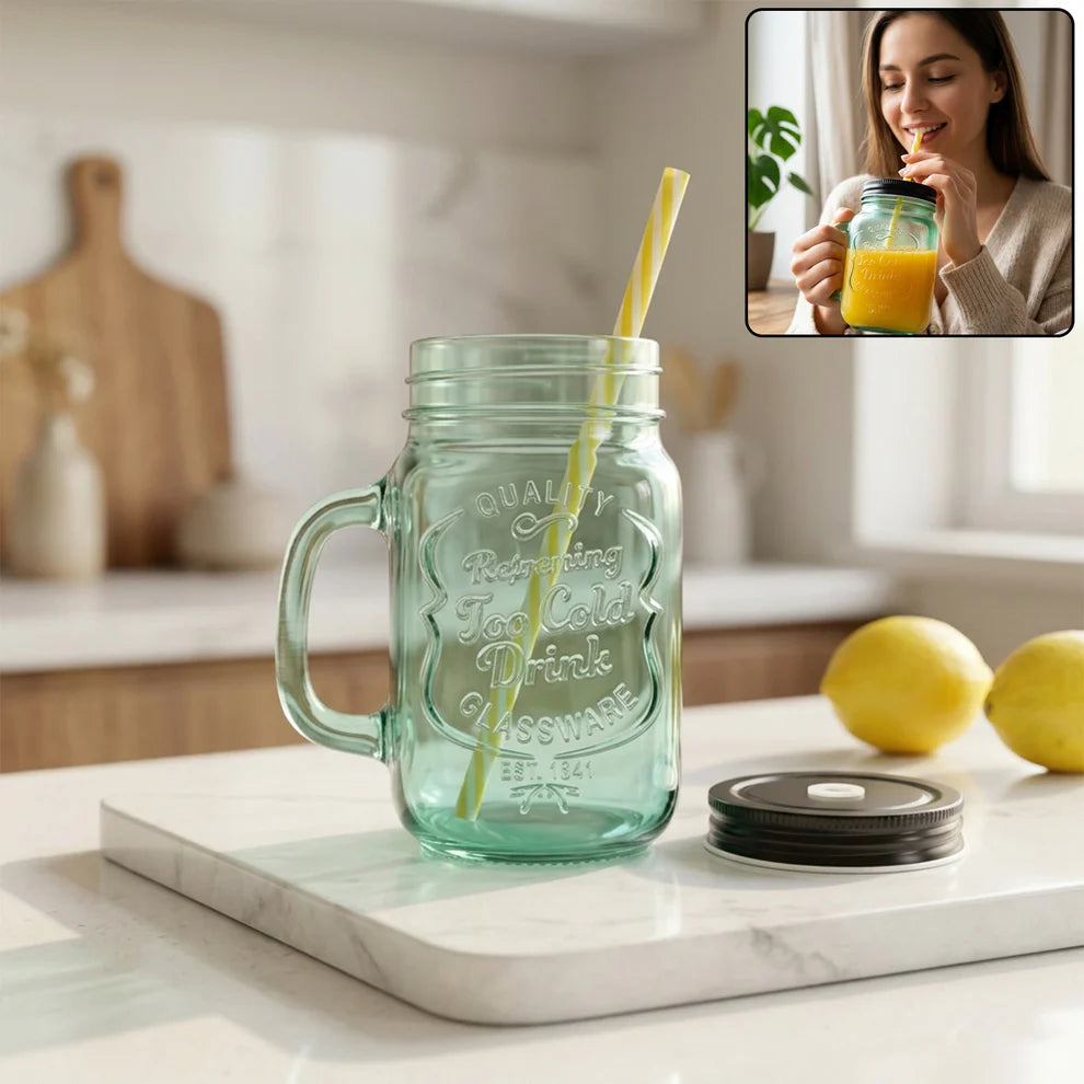 Drinking Cupglassmug Mason Jar With Handle Straw