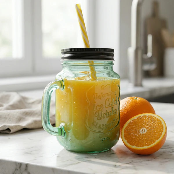 Drinking Cupglassmug Mason Jar With Handle Straw