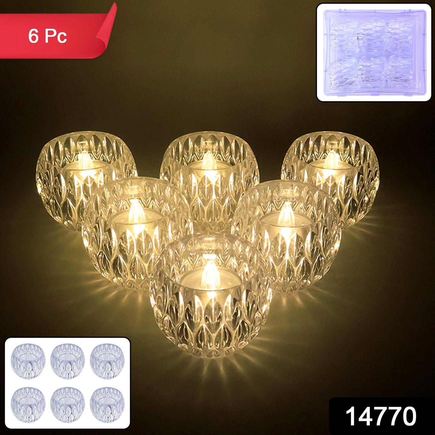 Crystal Design LED Tealight Candles - 6 Pc Set for Festive Decor - Happy Price - Image 1
