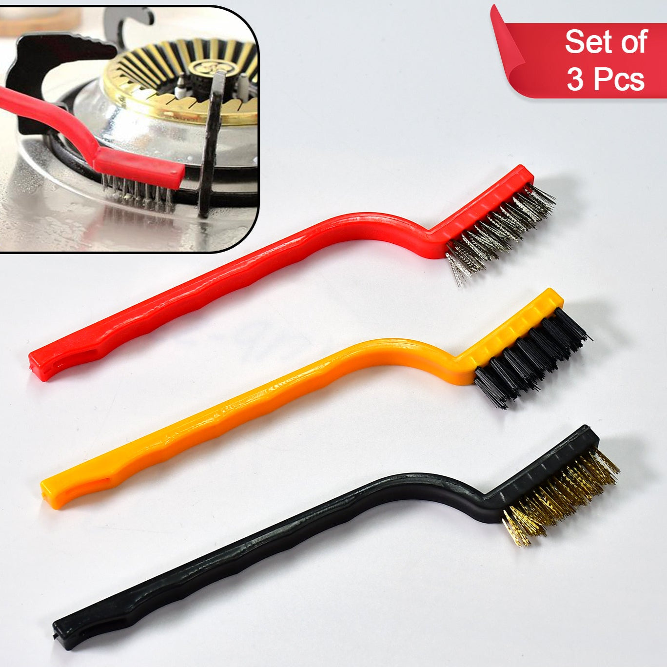 3pc Mini Wire Brush Set Brass Nylon Stainless Steel Bristles Household Cleaning Brush For Gas Stove Smoke Machine Tool Burner Tiles Tap Rust Removal Welding Slag Dirt Paint Scrubbing. - Happy Price - Image 1