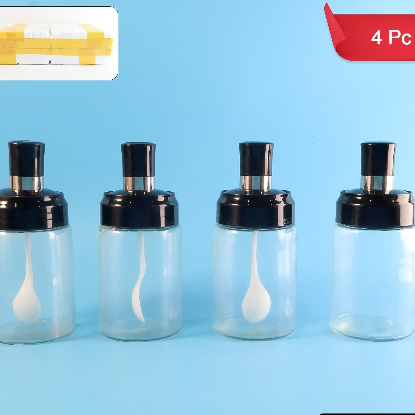 4 Pc Transparent Glass Spice Jar Set with Spoon & Airtight Lid - Happy Price - Image 1
