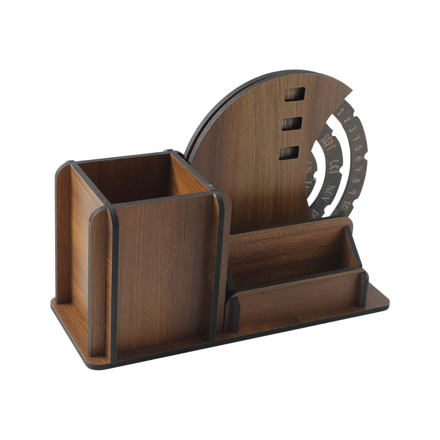 Wooden Desk Organizer with Pen Stand, Card Holder & Rotating Calendar (1 Pc) - Happy Price - Image 4