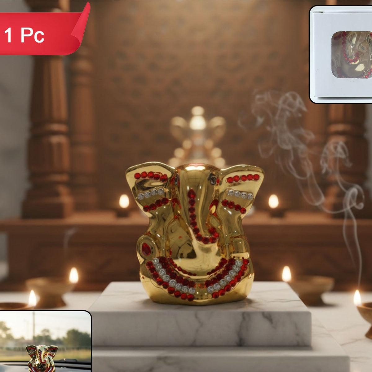 Golden Ganesha Idol Showpiece - 1 Pc Decorative Ganpati Murti for Home, Car, Office - Happy Price - Image 1