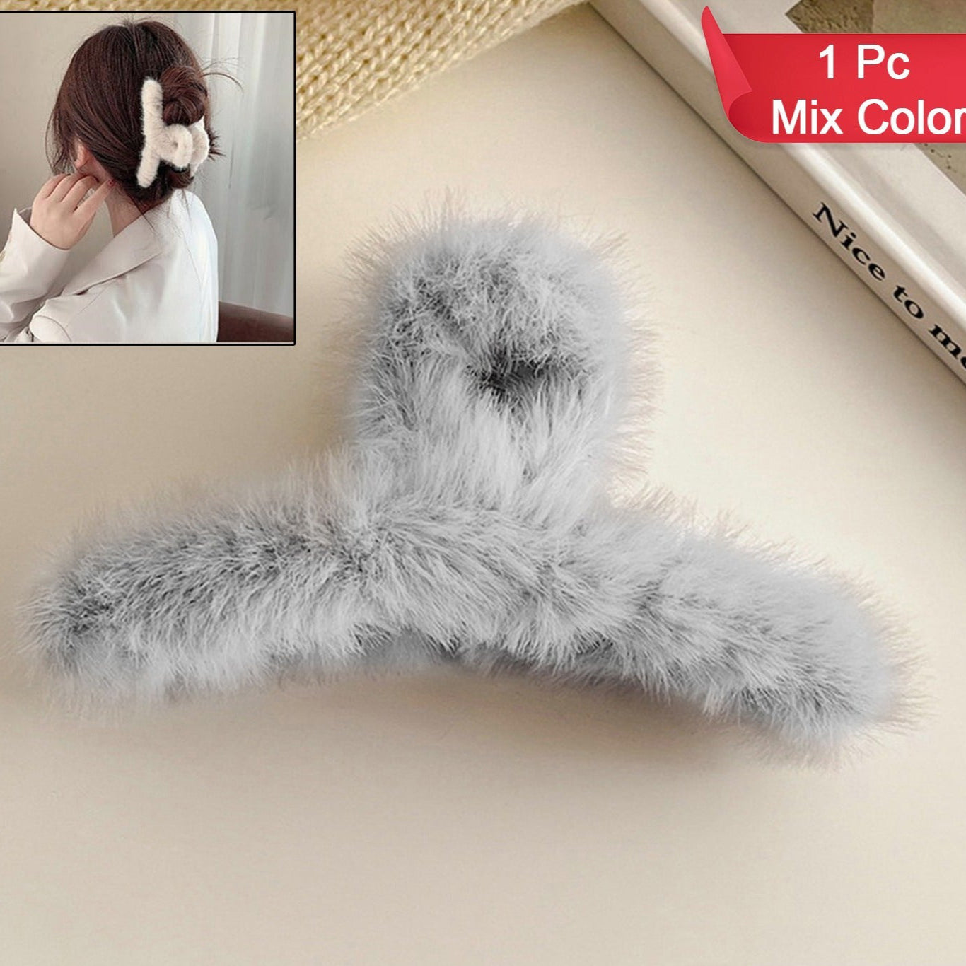 Large Plush Hair Claw Clips Plastic Fluffy Hair Claw Hair (1 Pc Mix Color) - Happy Price - Image 1