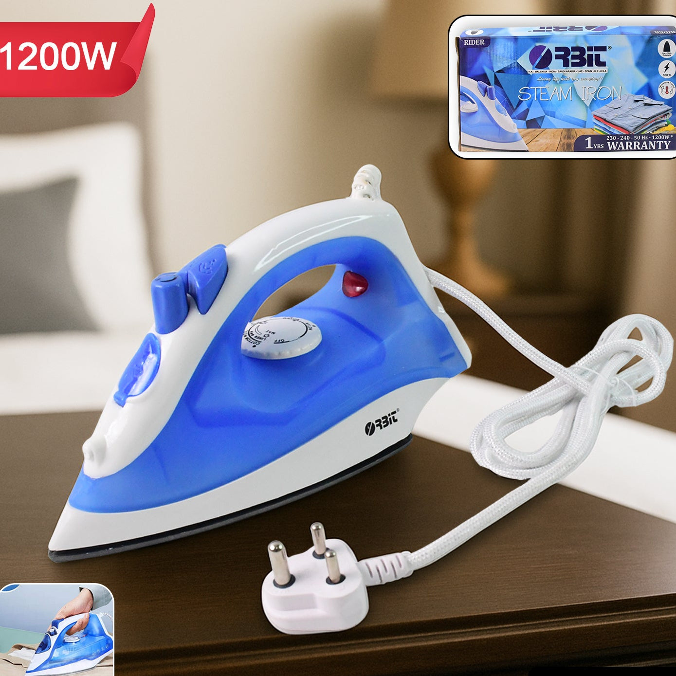 Orbit 1200W Steam Iron with Non-Stick Soleplate & Adjustable Temp (1 Pc) - Happy Price - Image 1