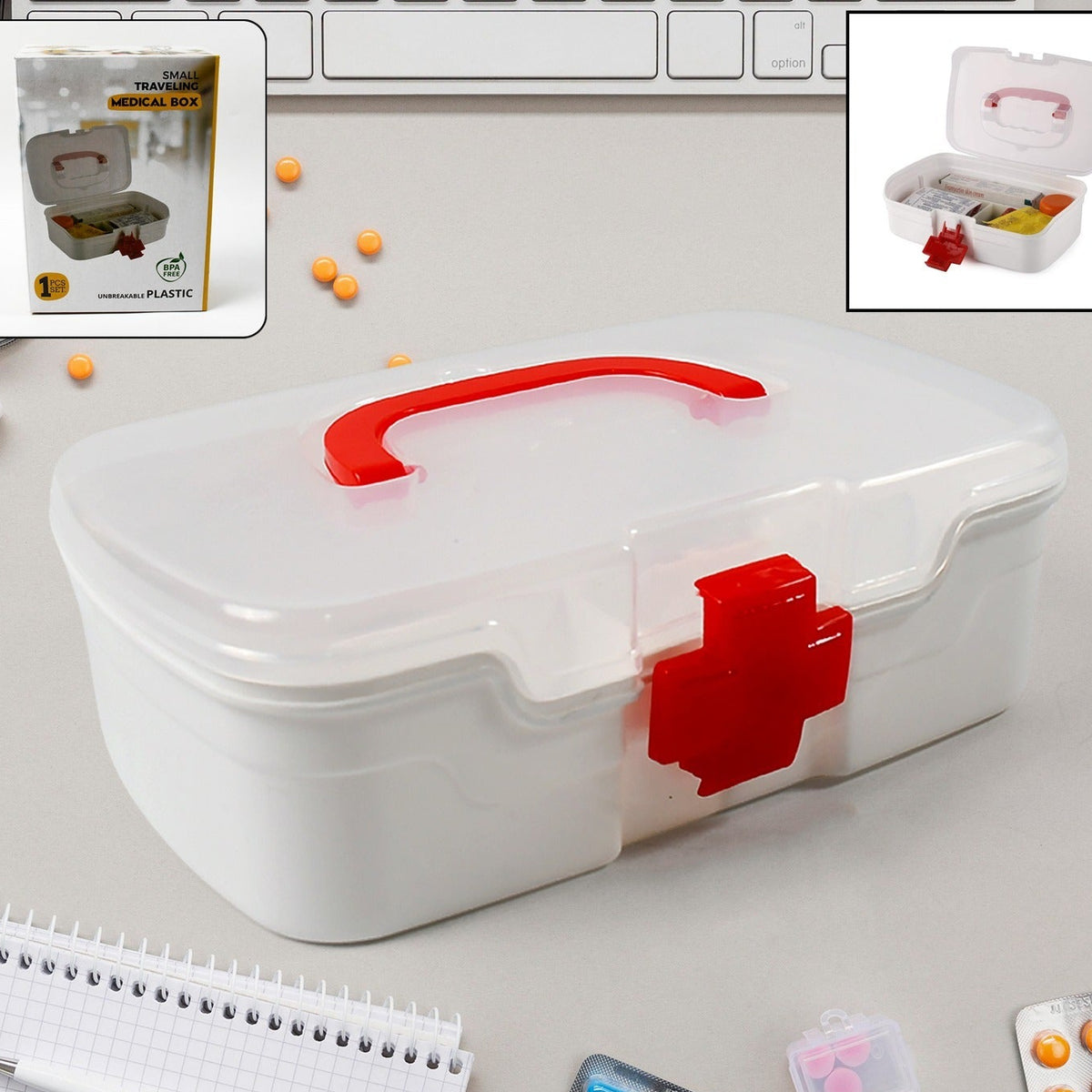 3 Compartment Medical Box 1 Piece Indoor Outdoor Medical Utility Medicine Storage Box Detachable Tray Medical Box Multi Purpose Regular Medicine First Aid Box With Handle Transparent Lid Color Box - Happy Price - Image 1