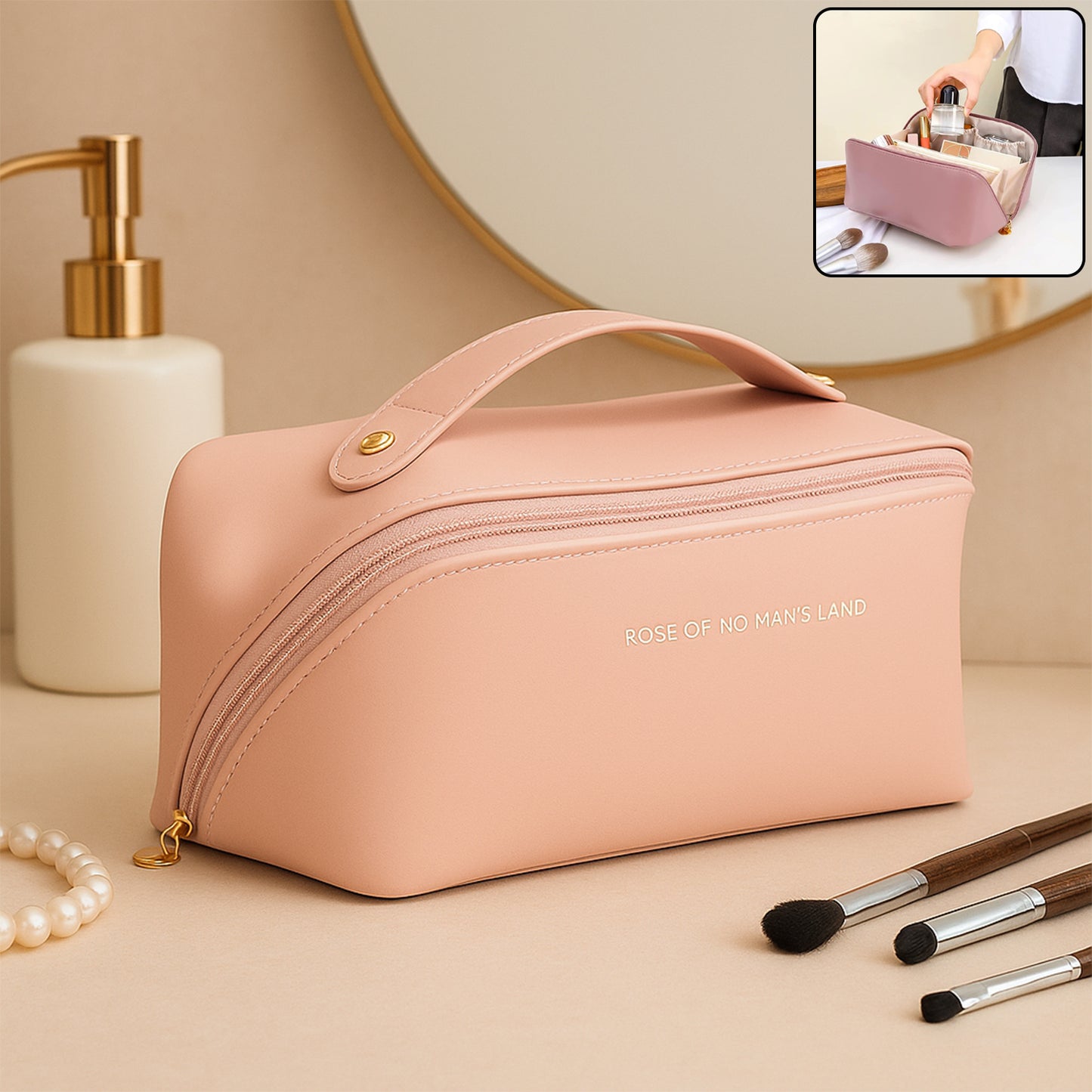 Premium Peach Travel Makeup Toiletry Organizer Pouch With Zipper Handle (1 Pc) - Happy Price - Image 2