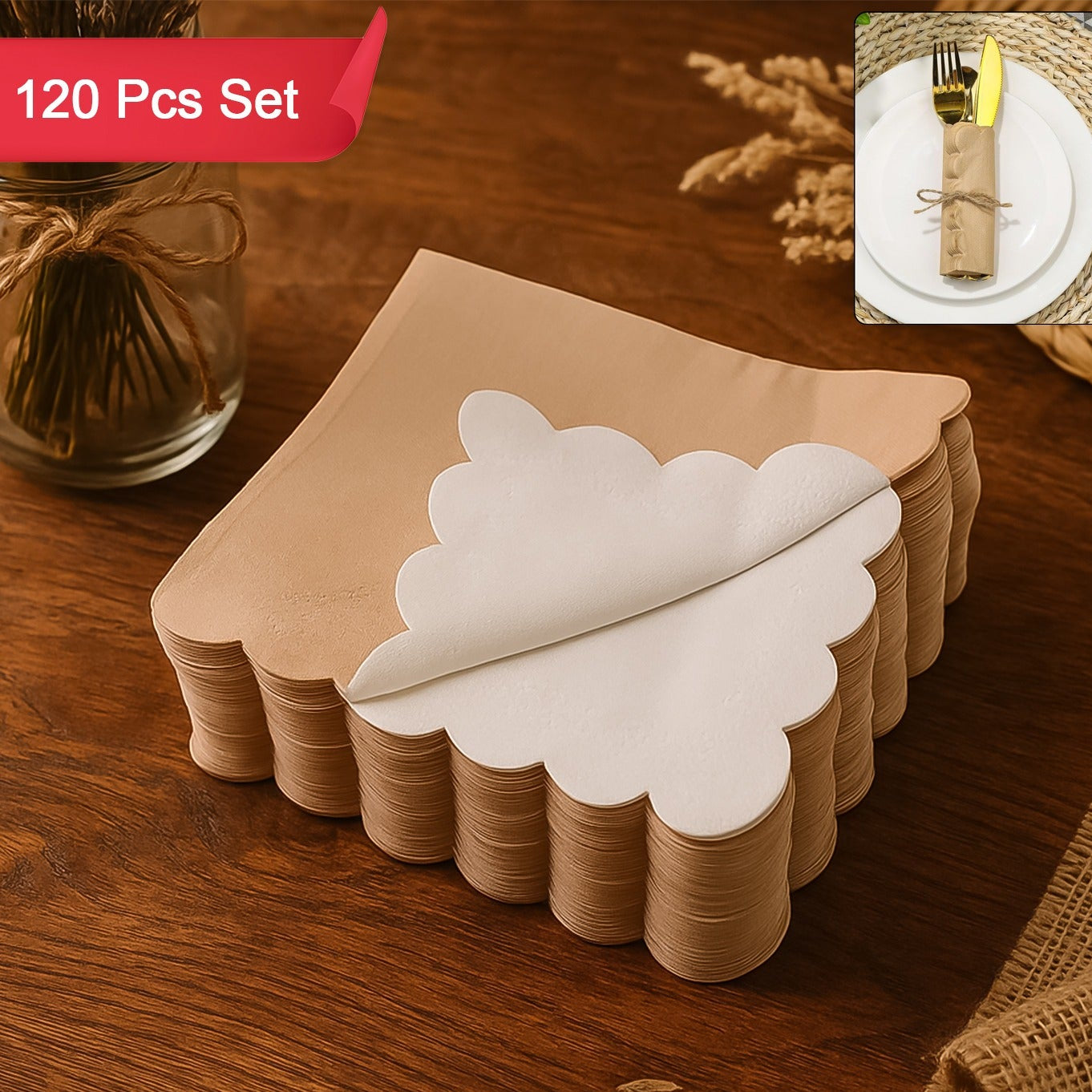 Disposable Scalloped Edge Tissue Napkins Set (120 Pc) - Happy Price - Image 1