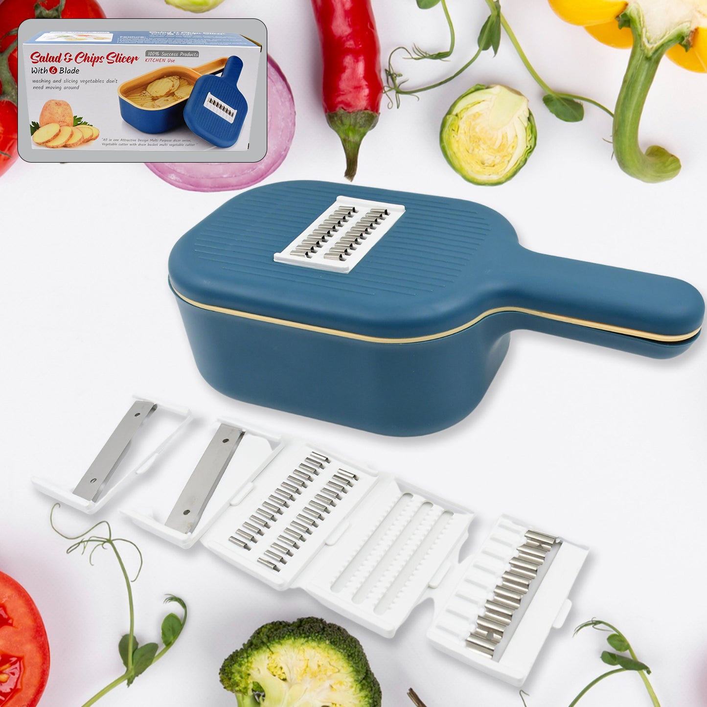 Vegetable Slicer Cutter - 6 Blades Kitchen Accessories Tools Appliances With Container Handle (1 Set) - Happy Price - Image 2