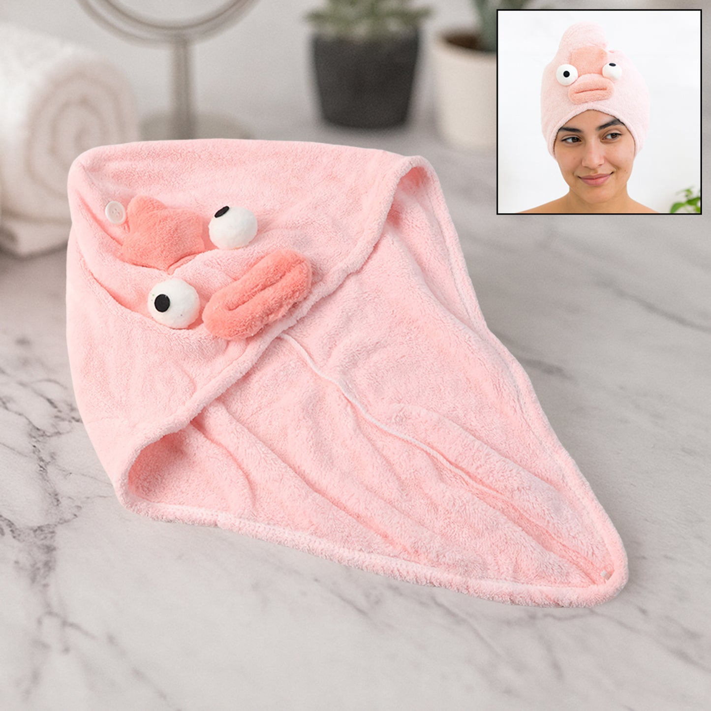 Soft Microfiber Cartoon Design Hair Drying Towel Wrap With Button Closure (1 Pc) - Happy Price - Image 3
