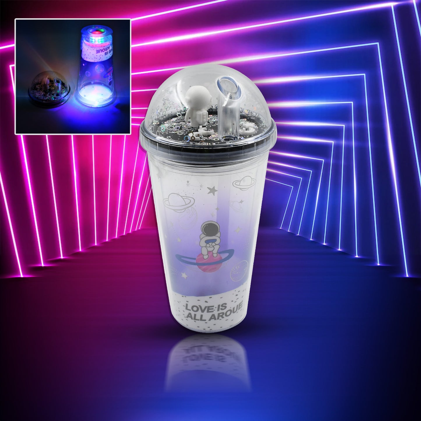 Astronaut Space Design LED Glow Light Tumbler with Straw - 13oz Insulated Double Wall Plastic Cup for Kids - Happy Price - Image 7