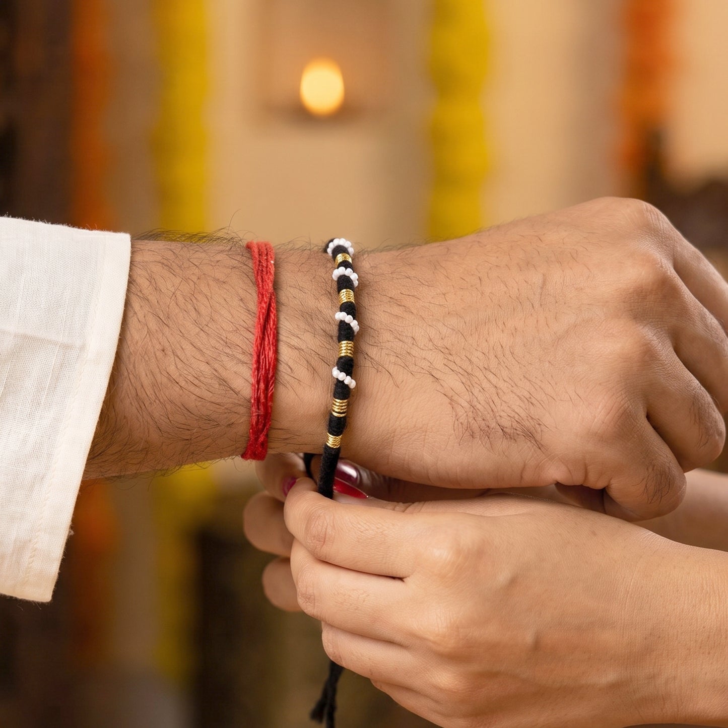 Handmade Black Rakhi Bracelet with White Beads (1 Pc) - Happy Price - Image 3