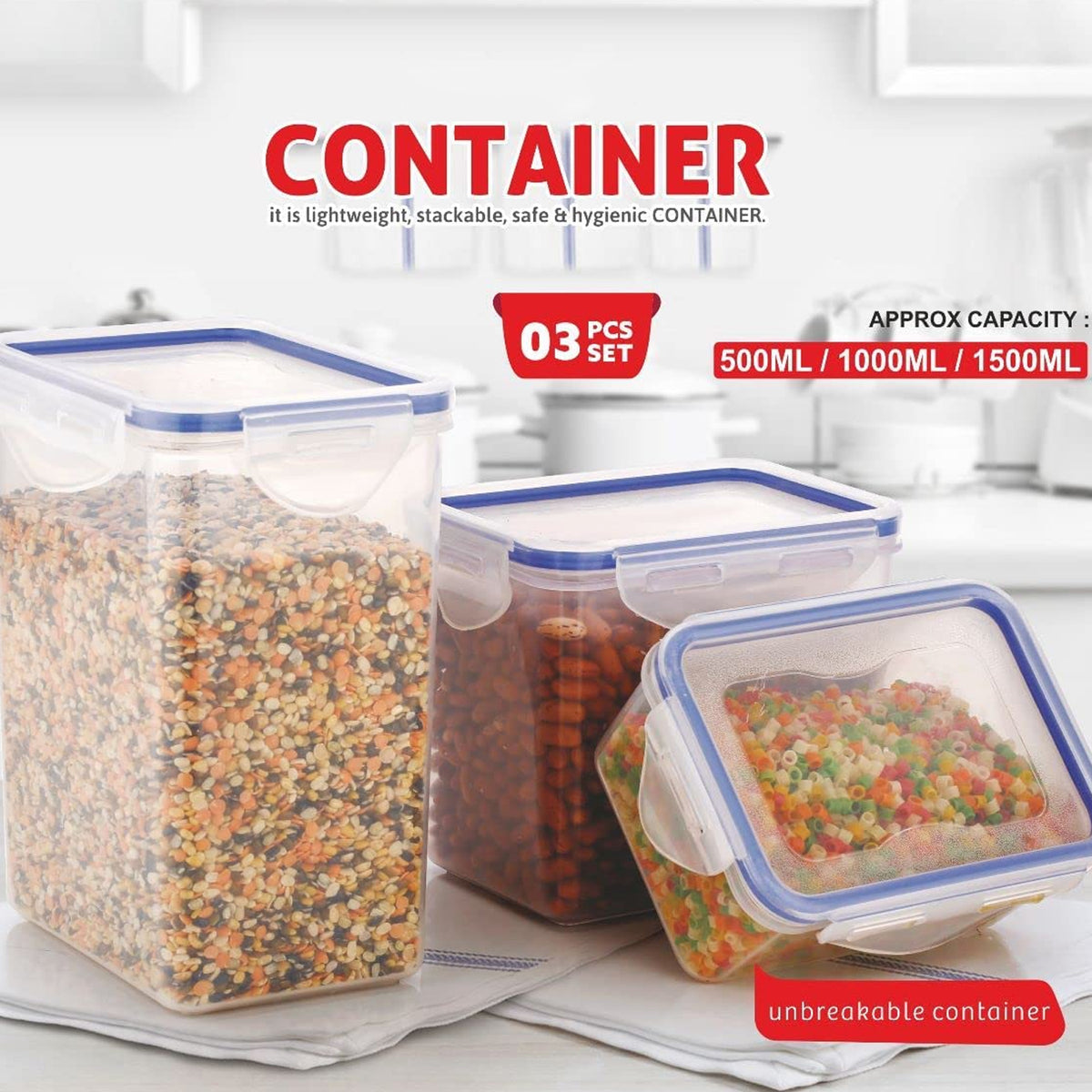 Rectangle Abs Airtight Food Storage Containers With Leak Proof Locking Lid Storage Container Set Of 3 Pc (Approx Capacity 500ml1000ml1500ml Transparent) - Happy Price - Image 3