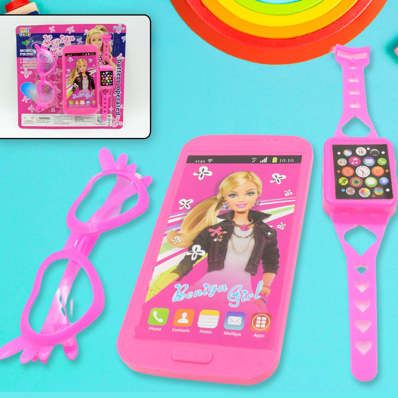 Barbiee Phone Watch And Glasses Set For Girls Beautiful Barbie Musical Phone Abs Plastic Toy Battery Operated Barbie Glass Musical Mobile Phone Toddler Toy Phone For Kids Calling Toy Phone (3 Pcs Set Battery Not Included) - Happy Price - Image 1