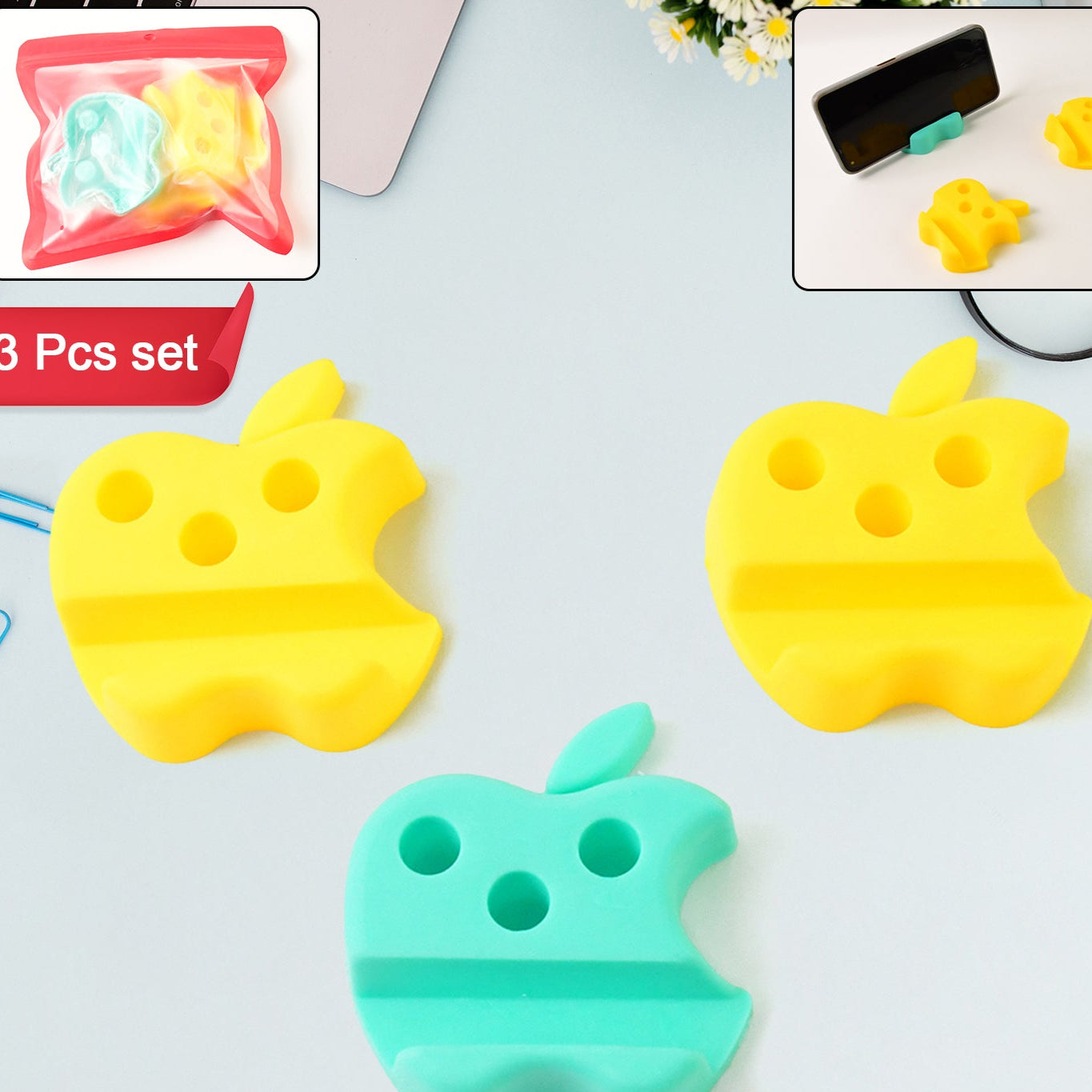 Multi-functional Apple-shaped Plastic Mobile Stand With Pen Holder (3 Pc Mix Color) - Happy Price - Image 1