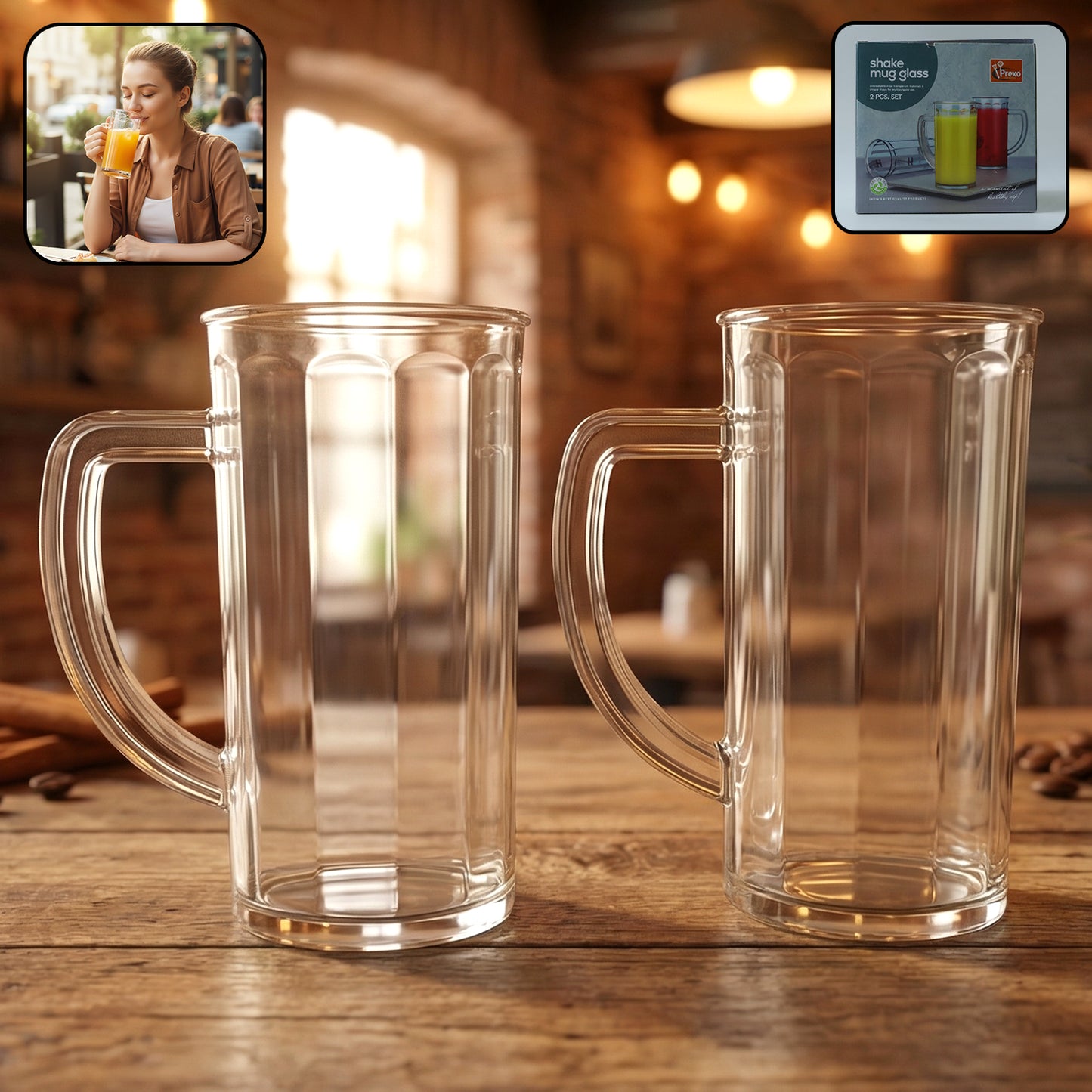 2 Pc Set 400 ML Plastic Shake Mugs with Handle - Transparent Drinkware - Great Price - Image 2