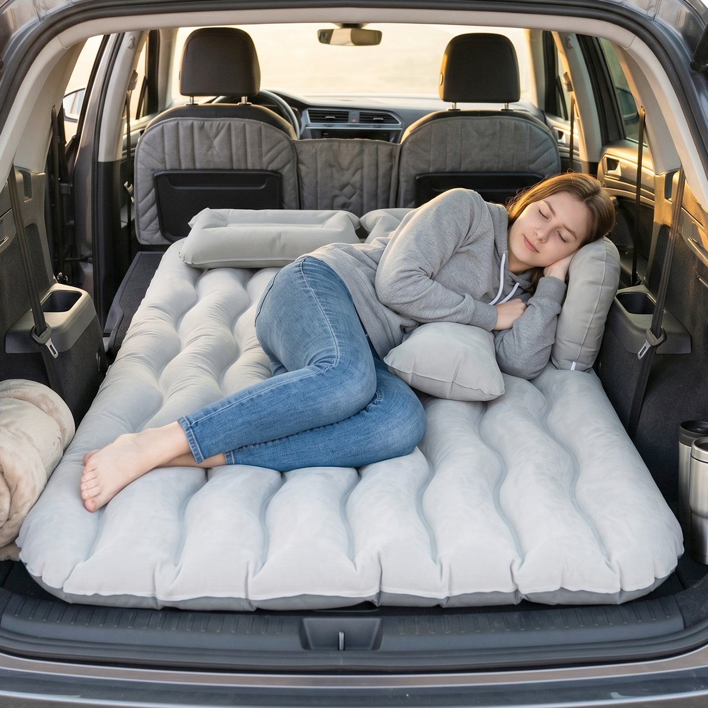 Grey Portable Car Air Bed with Pump & Pillows for SUV Travel - Happy Price - Image 6