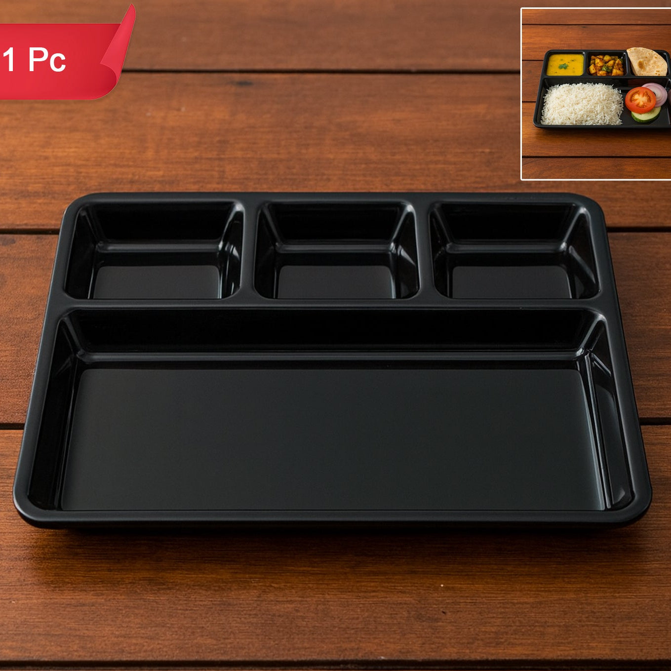 Plastic 4-Compartment Rectangular Meal Tray - 33x25 cm, 1 Pc Black Dining Plate - Happy Price - Image 1