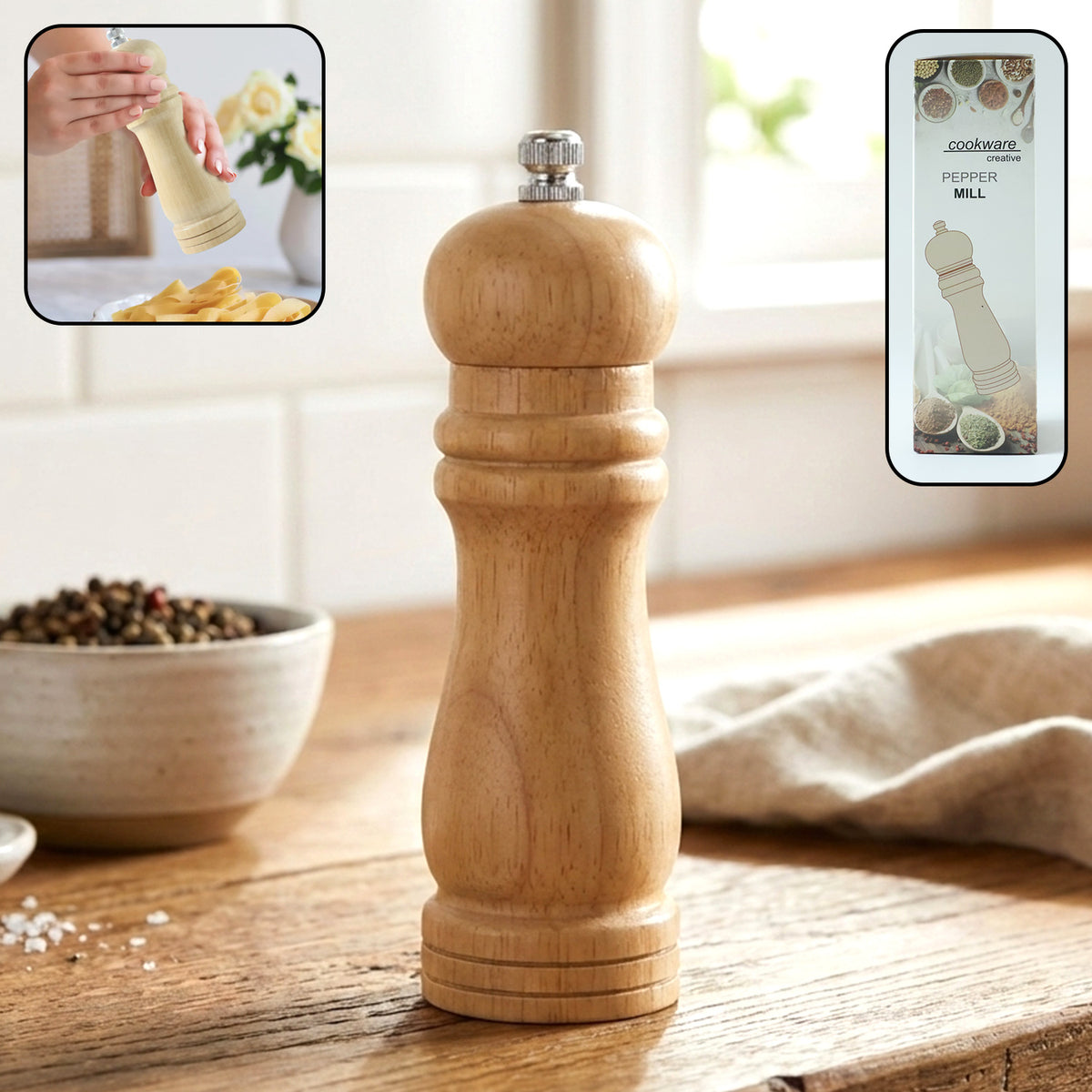 Classic Wooden Manual Pepper Grinder Mill (1 Pc) - Adjustable Coarseness for Fresh Spices - Happy Price - Image 2