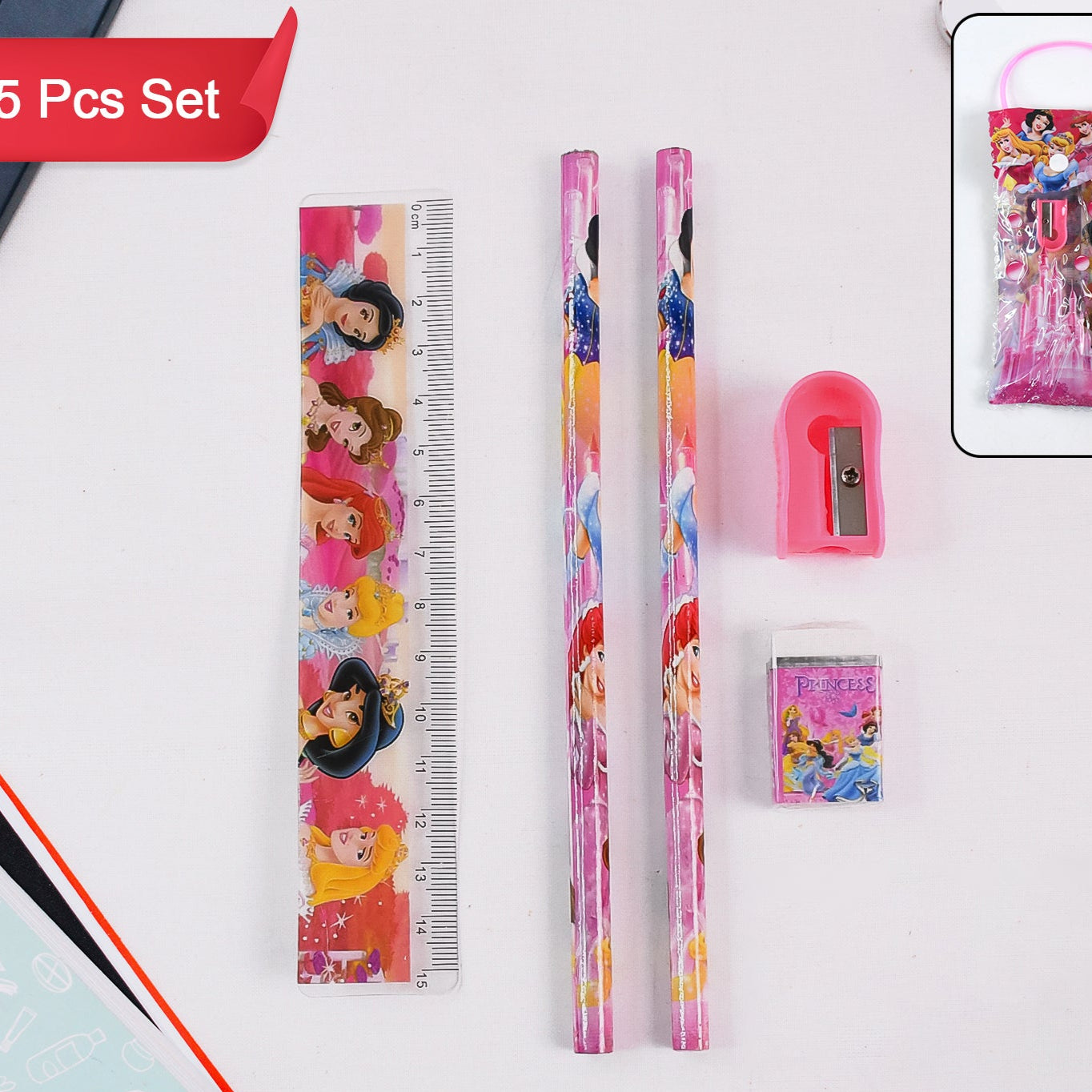 Mix Design Cartoon Wooden Pencil Set Stationary Set 5 In 1 Items Educational Item For School Going Kids Stationary Set For Girls Boysstationary For Schoolgift Pack For Girls Kidsbirthday Gift Kids (5 Pc Set ) - Happy Price - Image 1