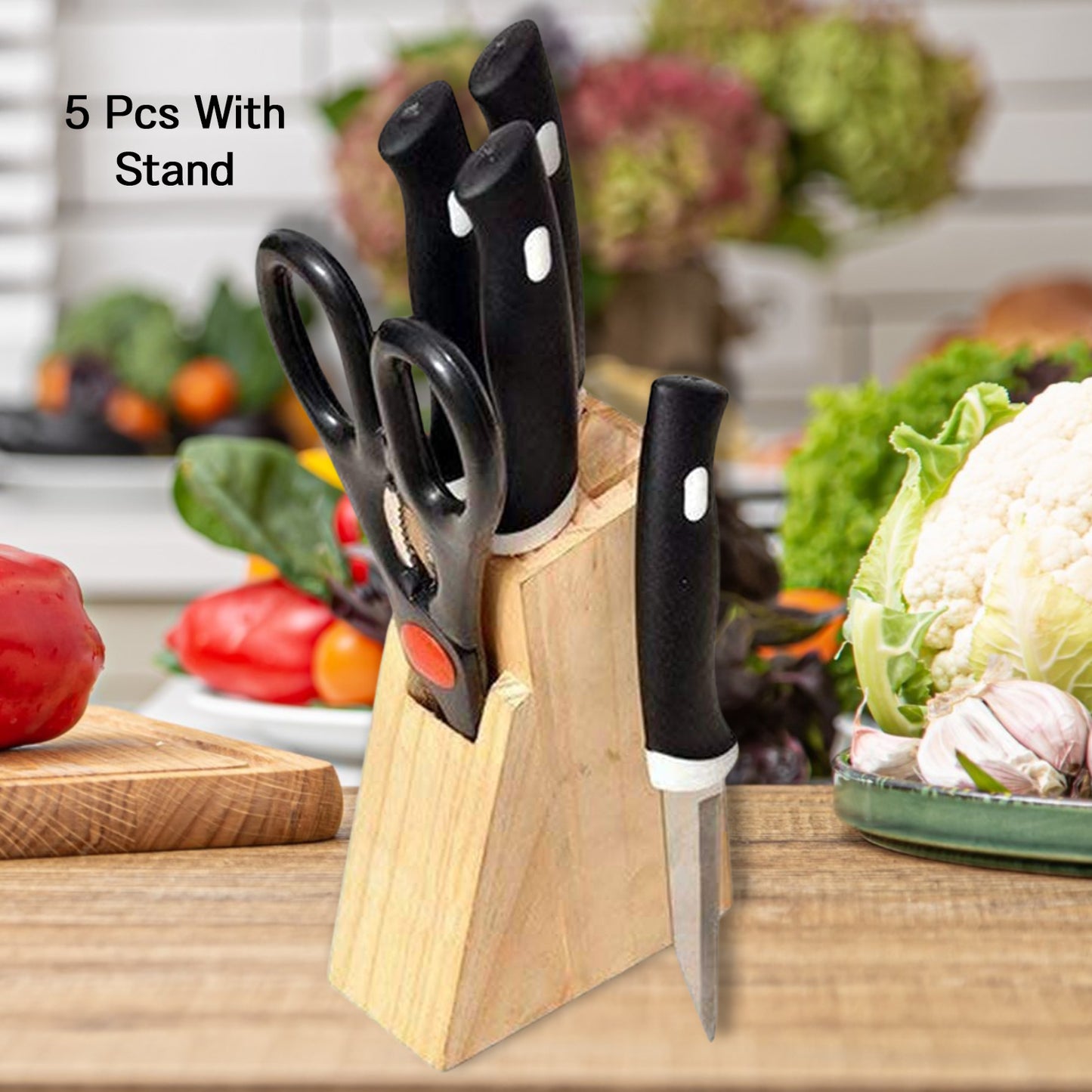 5-Piece Black Kitchen Knife Set with Wooden Block & Scissors - Happy Price - Image 2