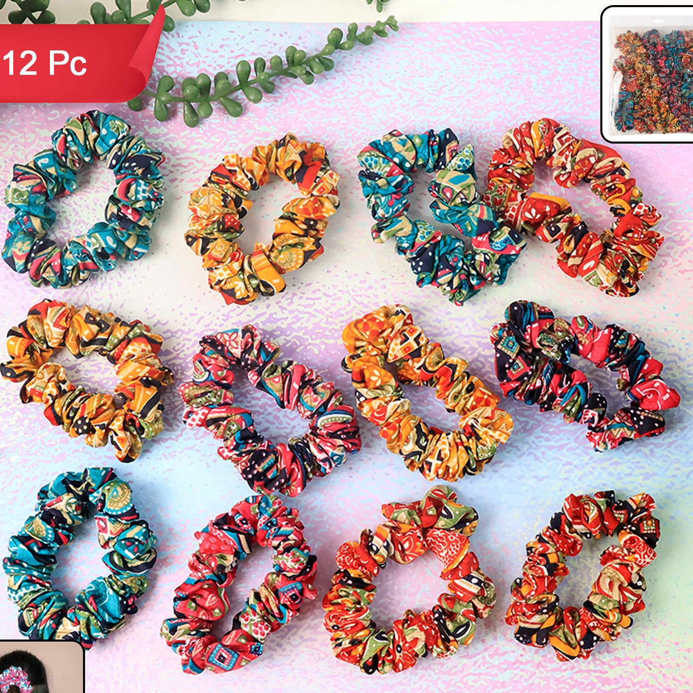 Set of 12 Printed Fabric Hair Bands for Ponytails - Assorted Designs - Happy Price - Image 1