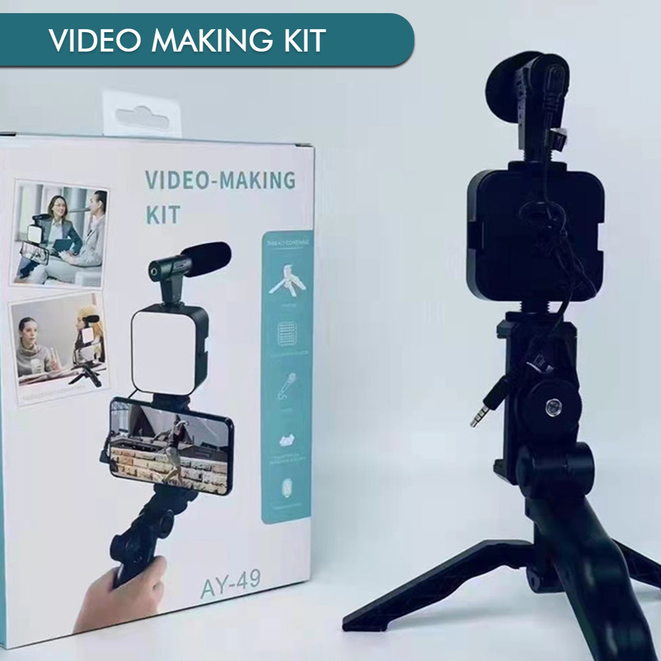 Vlogging Kit For Video Making With Mic Mini Tripod Stand Led Light Phone Holder Clip For Making Videos - Happy Price - Image 1