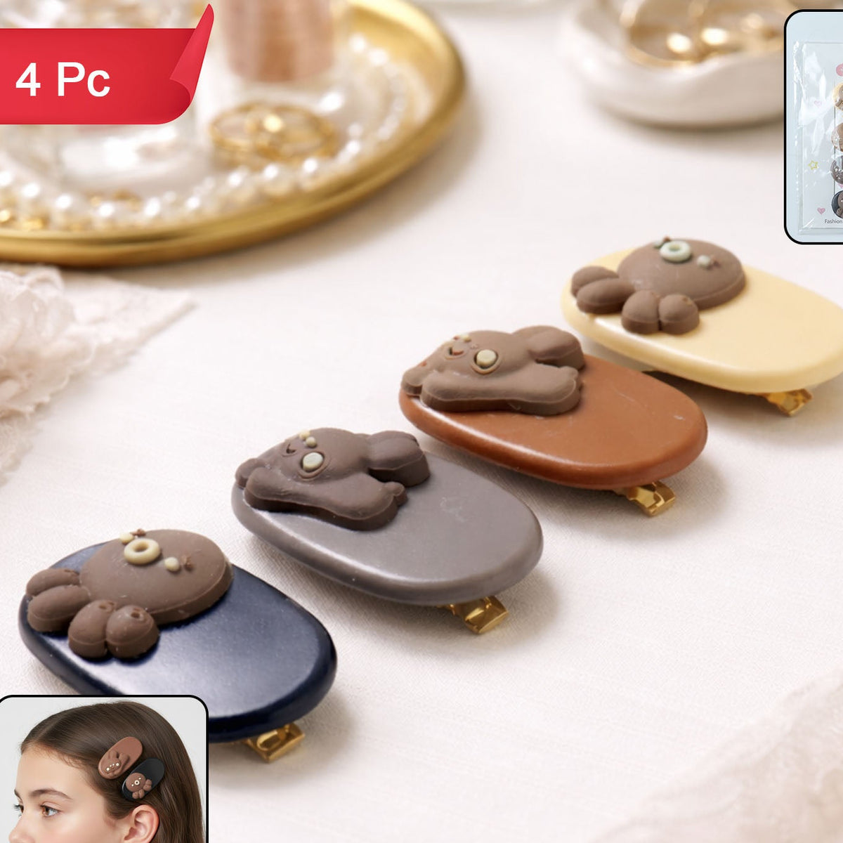 Cute Cartoon Bear Hair Clips for Girls - 4 Pc Set - Happy Price - Image 1
