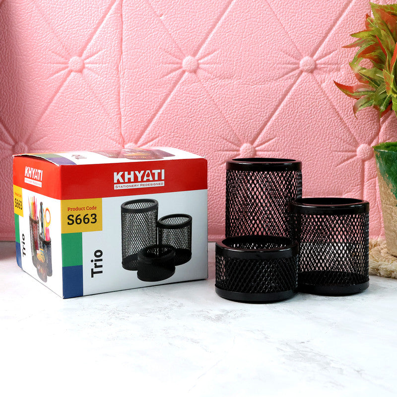 Khyati Trio Metal Mesh Pen Stand - 3-in-1 Round Desk Organizer Set - Happy Price - Image 5