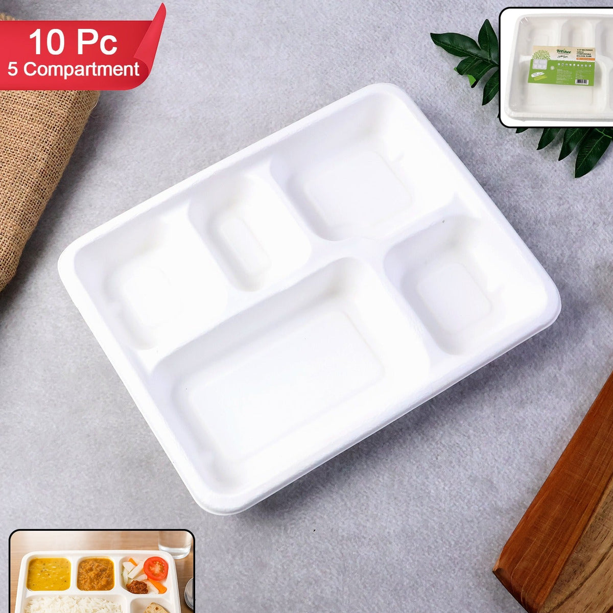5-Compartment Bagasse Plates - 10 Pcs Pack | Eco-Friendly & Compostable Meal Trays - Happy Price - Image 1
