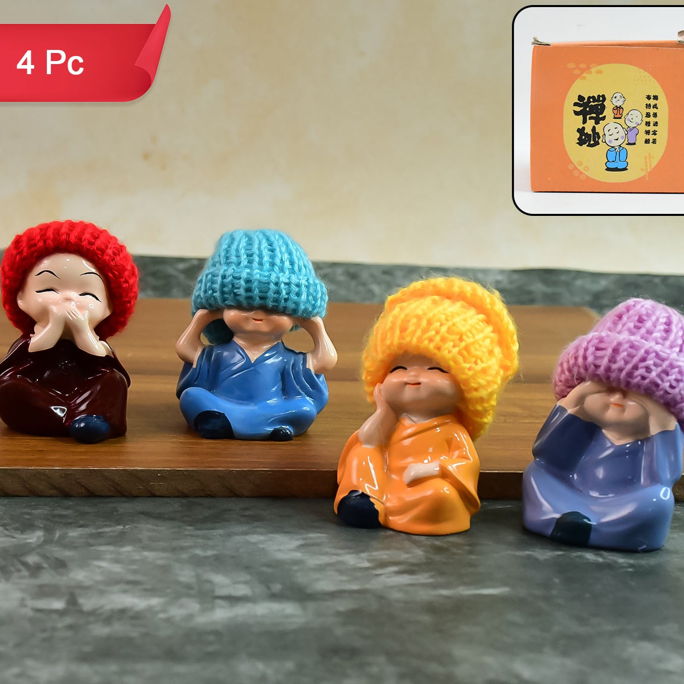 Decorative Resin Monk Buddha Showpiece Set Of 4 With Traditional Straw Hats - Happy Price - Image 1