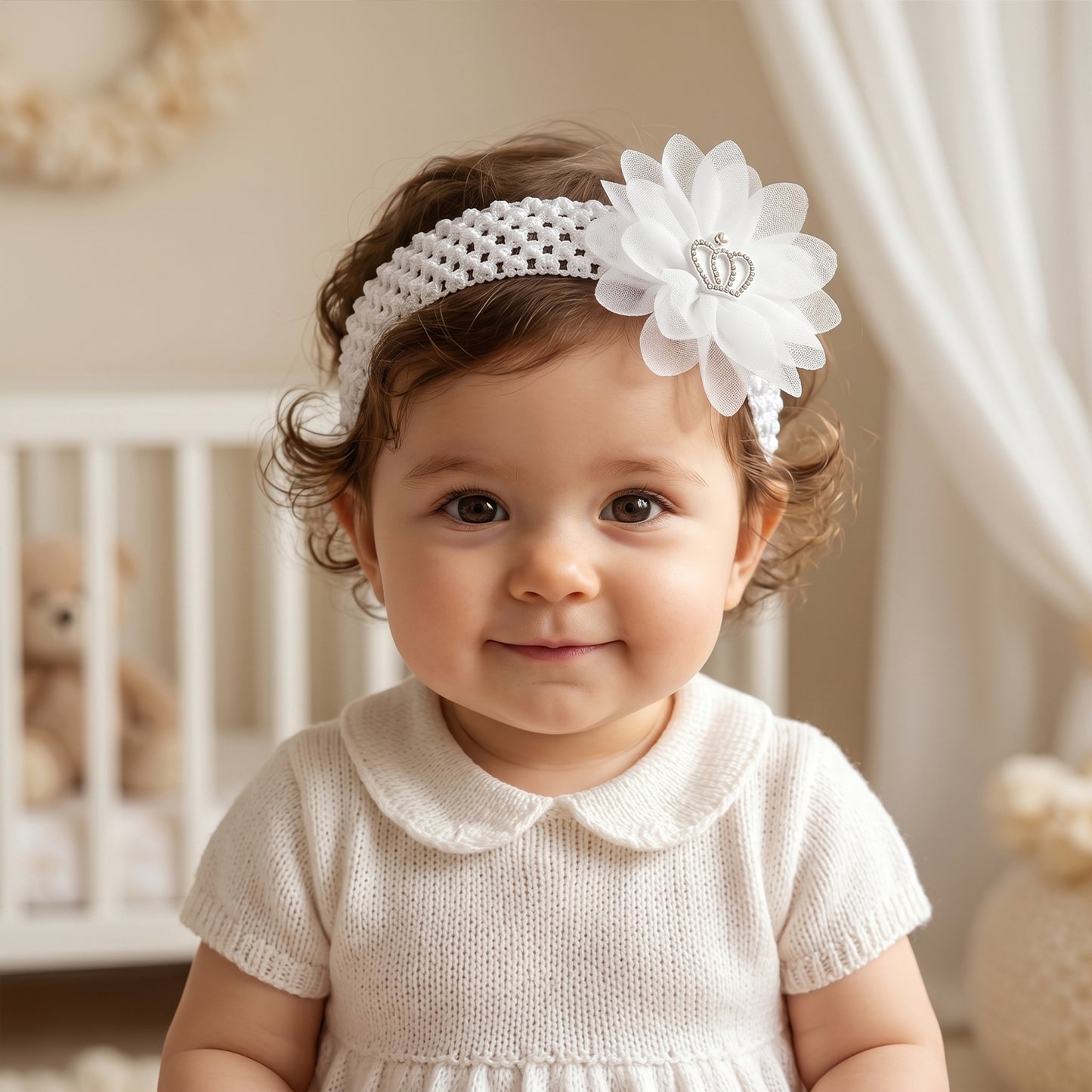 Soft Elastic Baby Hair Headband With Crown Flower Design (1 Pc)