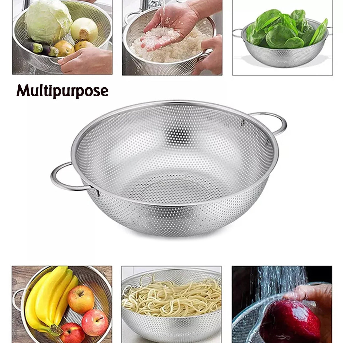 Stainless Steel Colander With Handle Large Metal Mesh Basket Strainer For Pasta Spaghetti Berry Veggies Fruits Kitchen Food Colander Dishwasher Safe (1 Pc 25.5 Cm) - Happy Price - Image 5