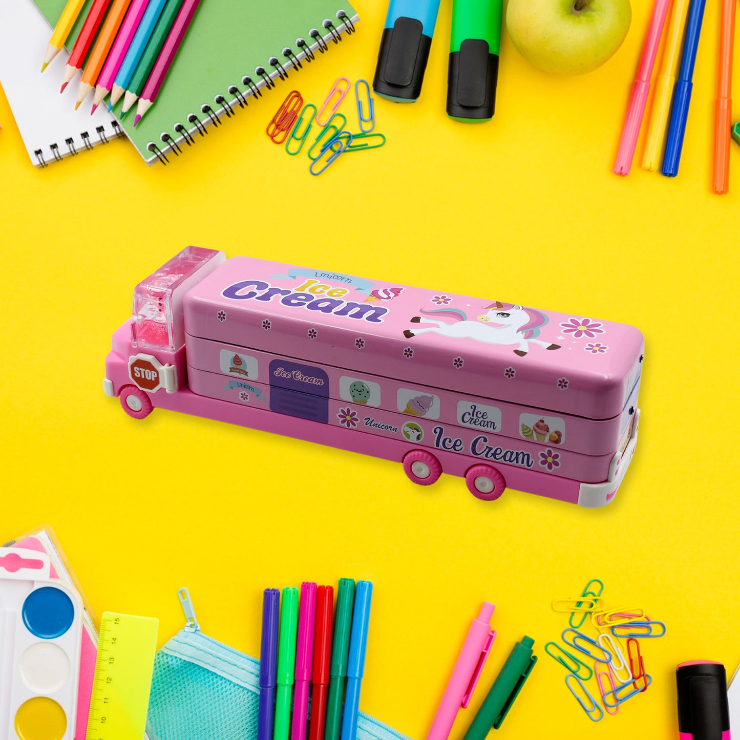 Double Decker Magic Ice Cream Truck Compass Multi Level Metal Truck Compass Pencil Case With Movable Wheels Sharpener - Happy Price - Image 2