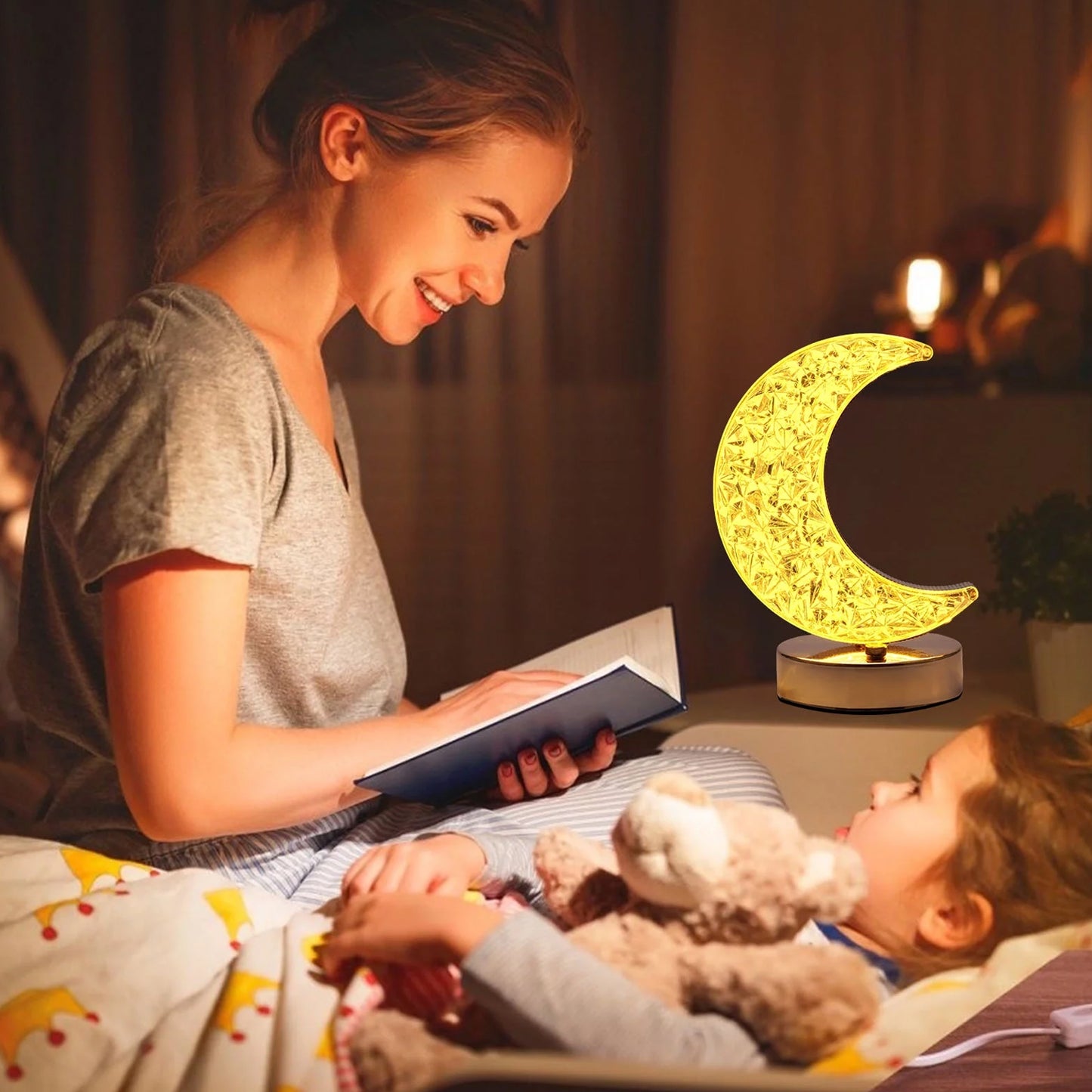 Crystal Table Lamp Moon Shape Touch Control Lamp With 3 Color Metal Bedside Lamp For Kids Bedroom Romantic Desktop Nightstand Stepless Dimming Usb Charging Touch Night Light - Happy Price - Image 7