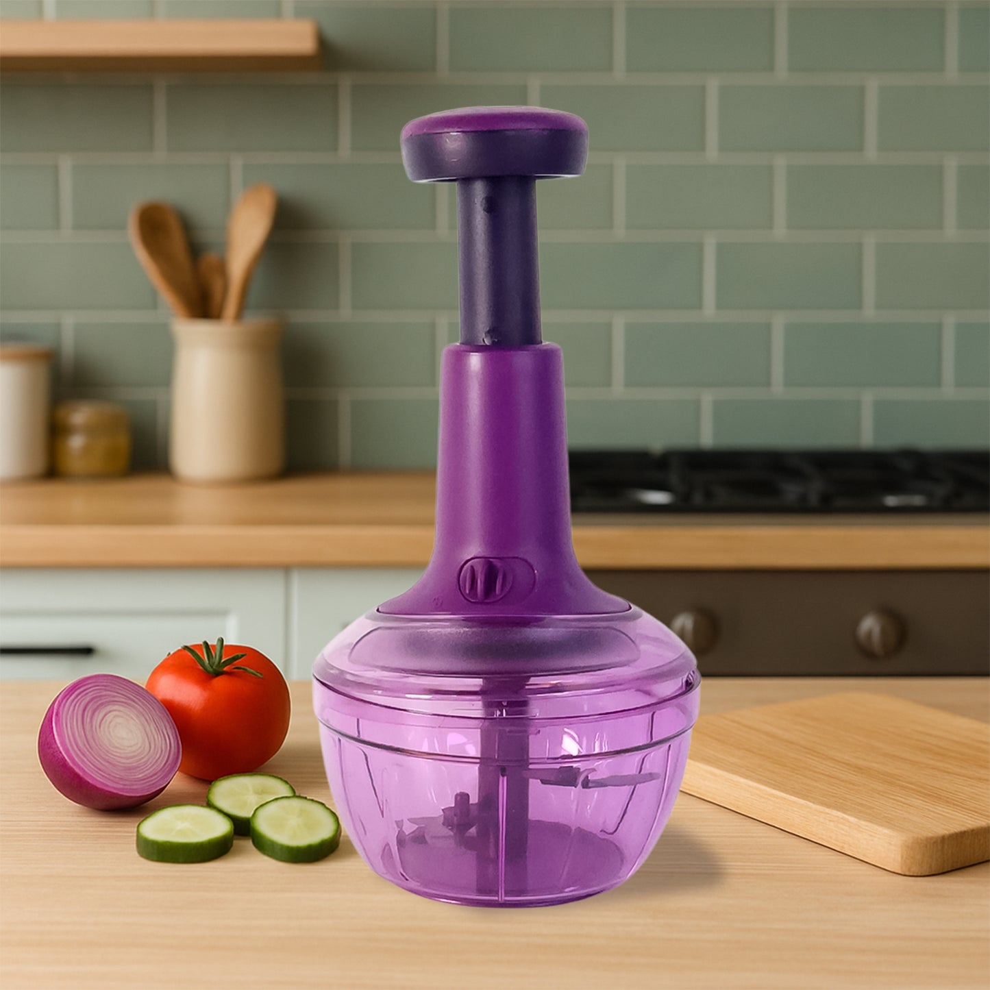 Manual Push Vegetable Chopper, 650 ML Capacity - Stainless Steel Blades (1 Pc) - Happy Price - Image 3