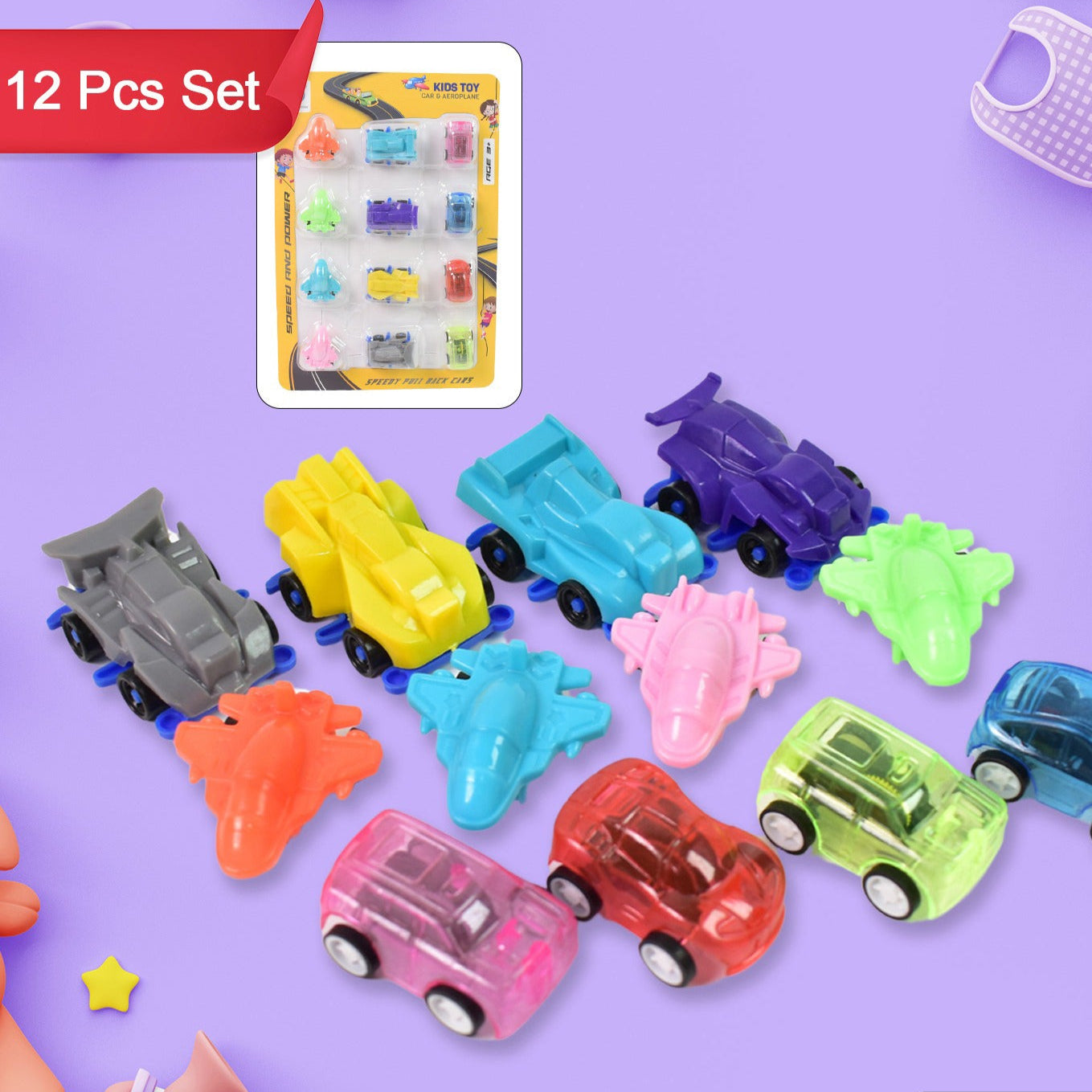 Mini Pull Back Car Aeroplane Plastic Pull Back Car Cartoon Toys (12 Pcs Set) - Happy Price - Image 1