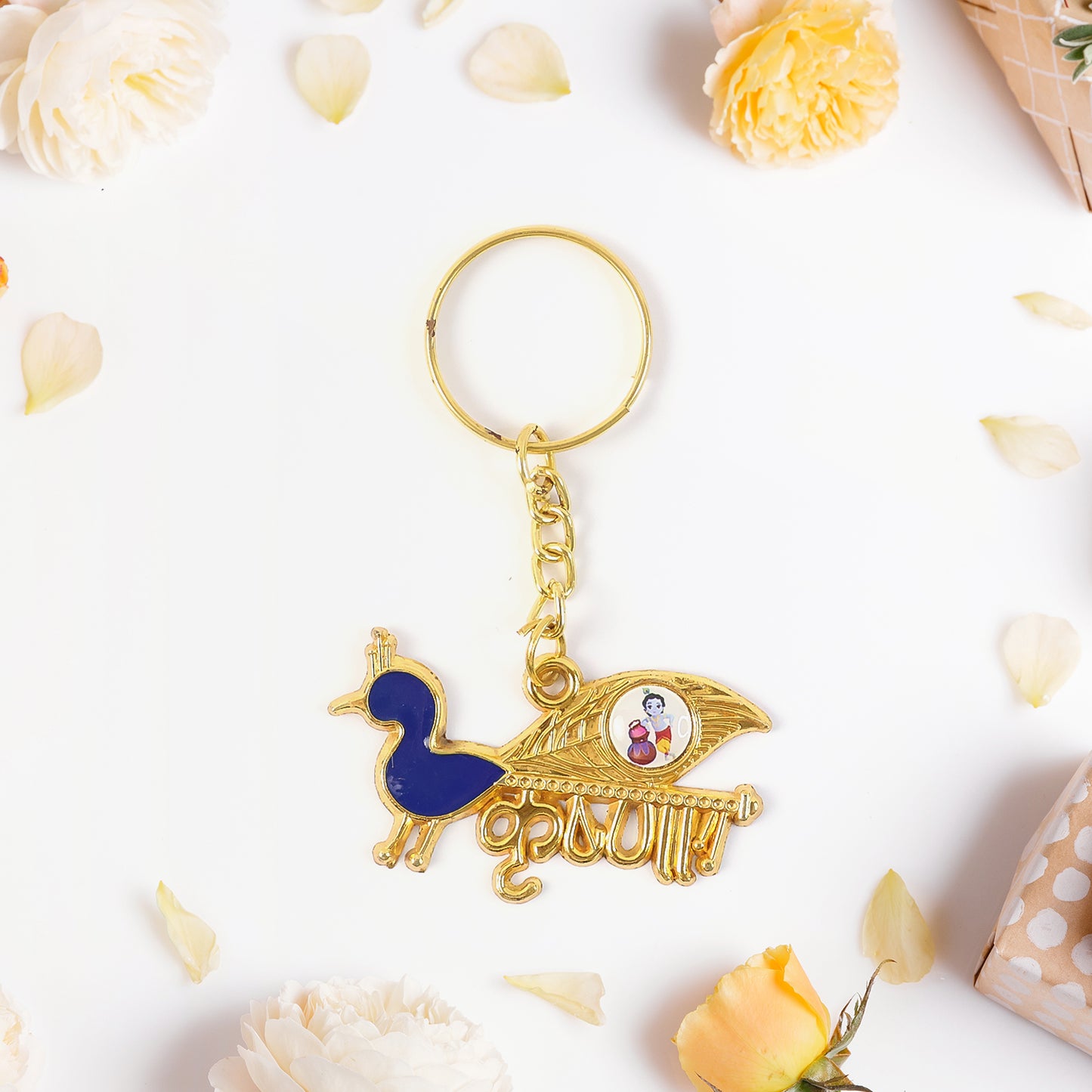 Decorative Krishna Metal Keychain with Peacock Enamel Charm - Gold Tone - Happy Price - Image 3