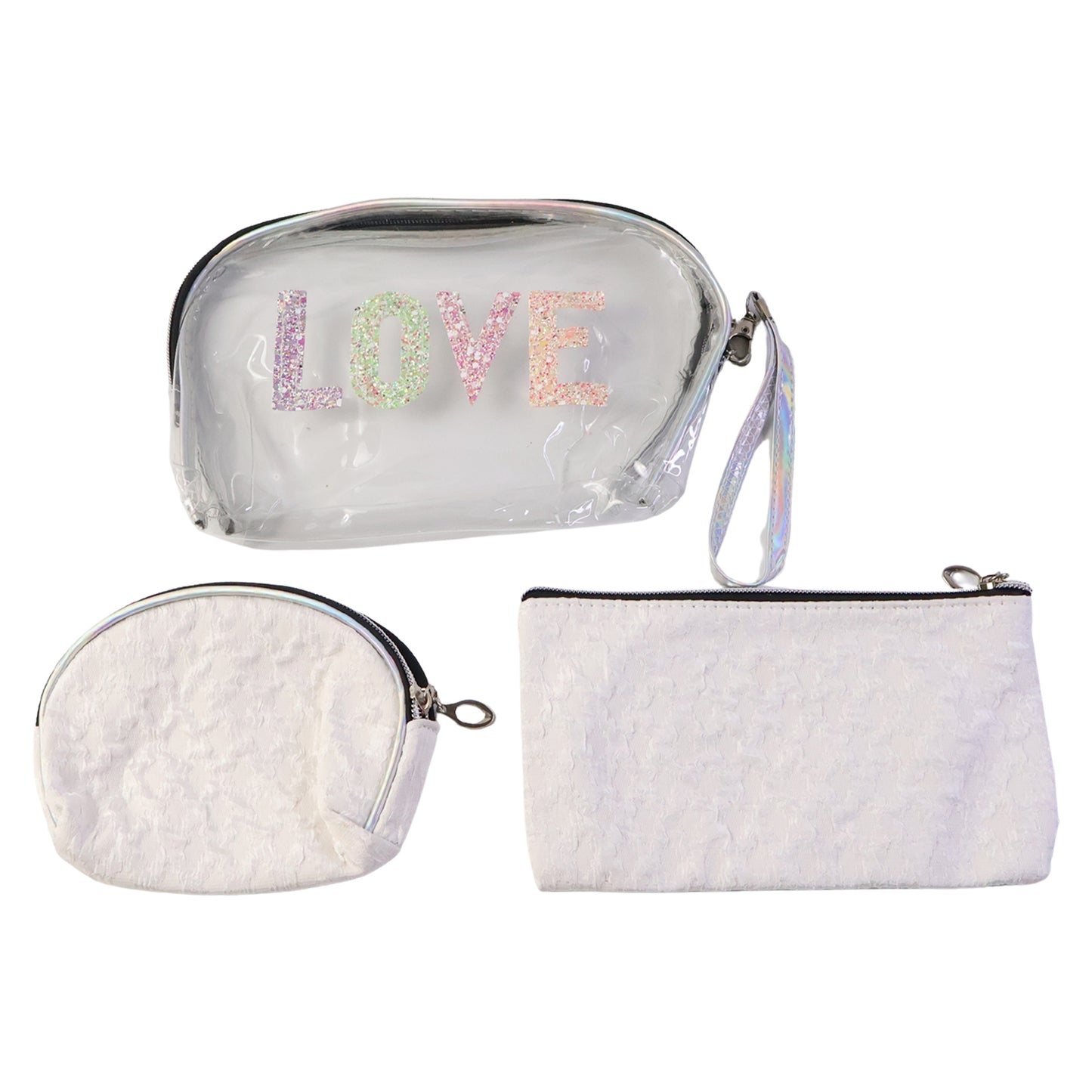 3-Piece Cosmetic Bag Set with Transparent Glitter Pouch - Happy Price - Image 2