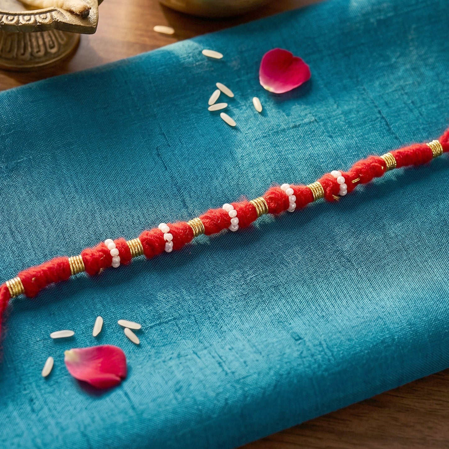 Handmade Rakhi Bracelet with White Beads and Golden Accents (1 Pc) - Happy Price - Image 3