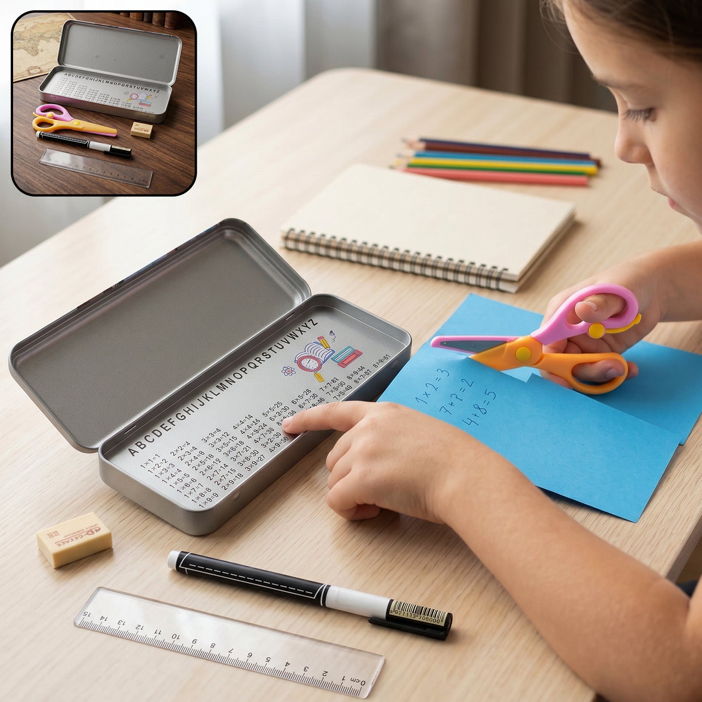 5-in-1 Kids Metal Stationery Box Set with Pen, Scale, Eraser & Scissors - 1 Pc - Great Price - Image 2