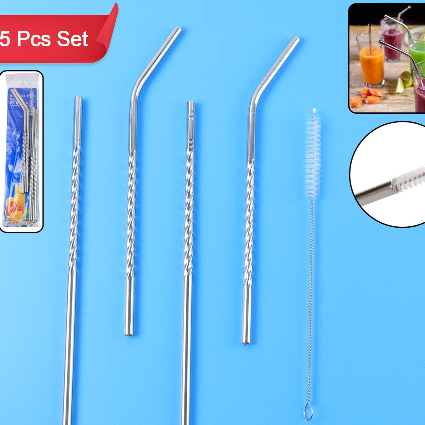Set Of 4 Stainless Steel Straws Brush (2 Straight Straws 2 Bent Straws 1 Brush) - Happy Price - Image 1