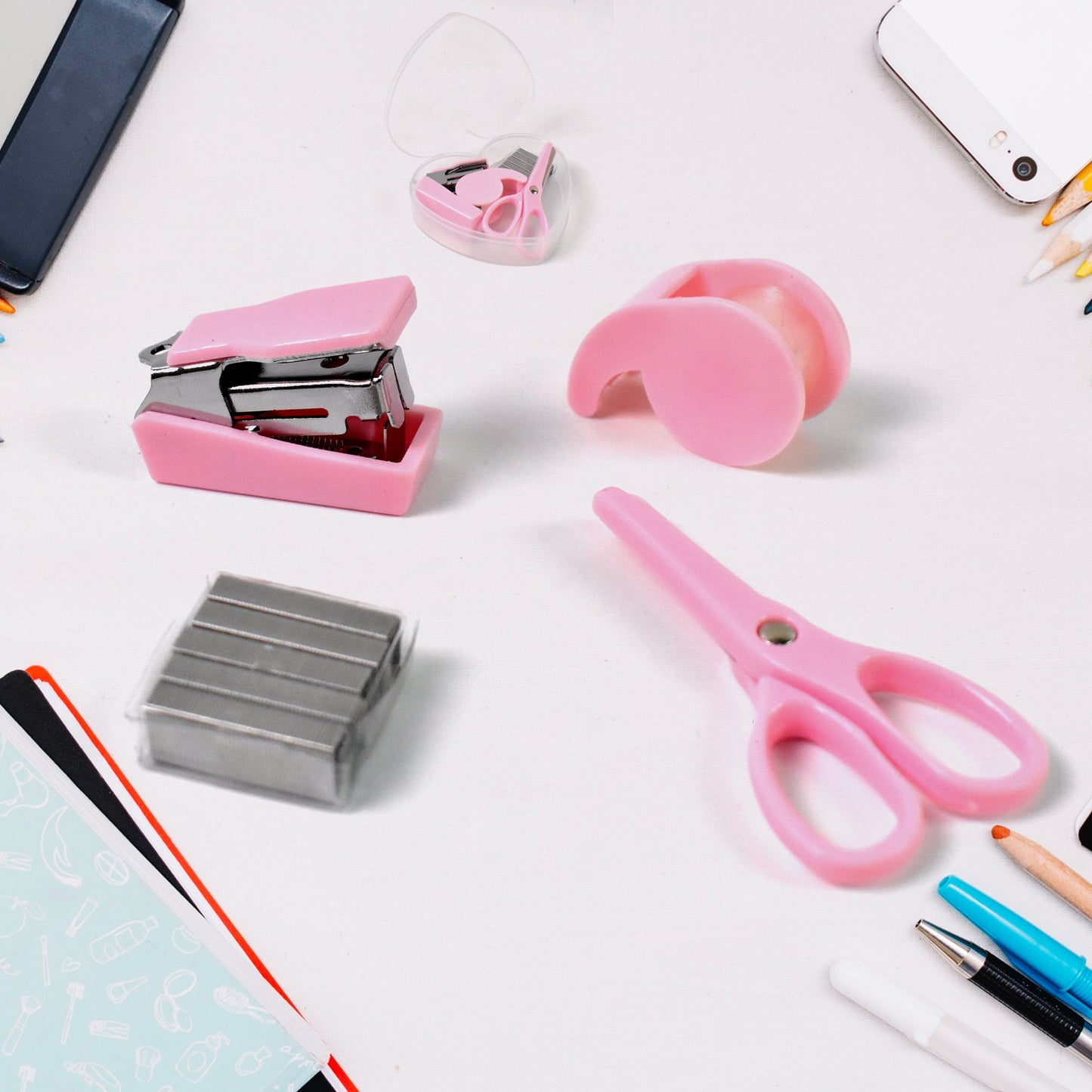 Mini Office Stationery Set Including Stapler Scissors Paper Clips Tape Dispenser Transparent Tape And Staples - Happy Price - Image 2