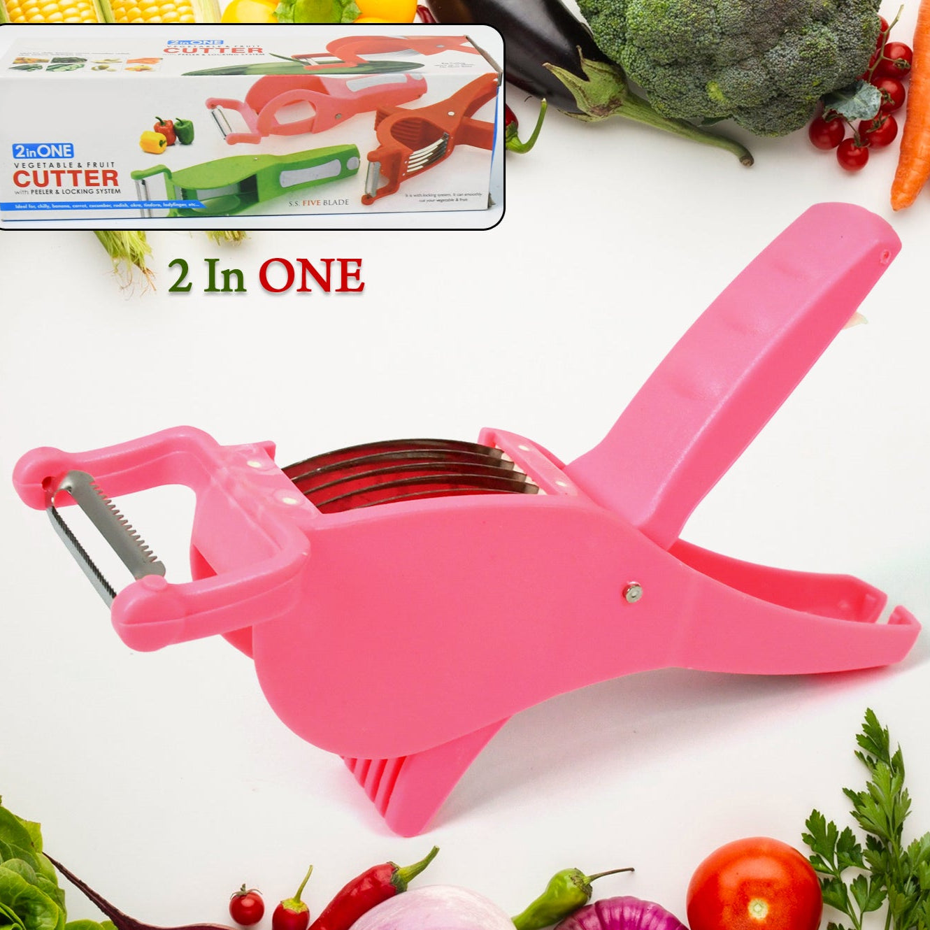 Plastic 2 In 1 Vegetable Fruit Multi Cutter 5 Blade Vegetable Cutter With Peeler (1 Pc Multicolor) - Happy Price - Image 1