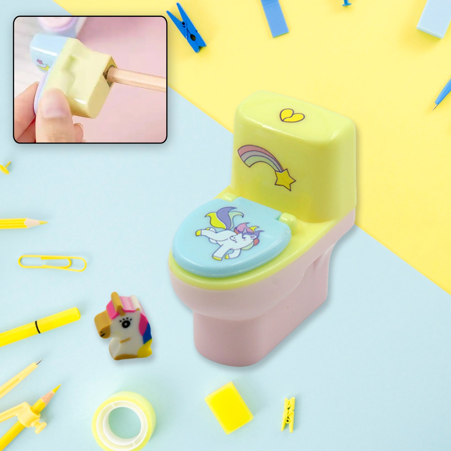 Toilet Pencil Sharpener Plastic Pencil Sharpener Novelty Pencil Sharpener Cute Cartoon Stationery Gift Small Toilet Shaped Sharpener With Eraser Wheel For School Kids (2 Pc Set) - Happy Price - Image 2