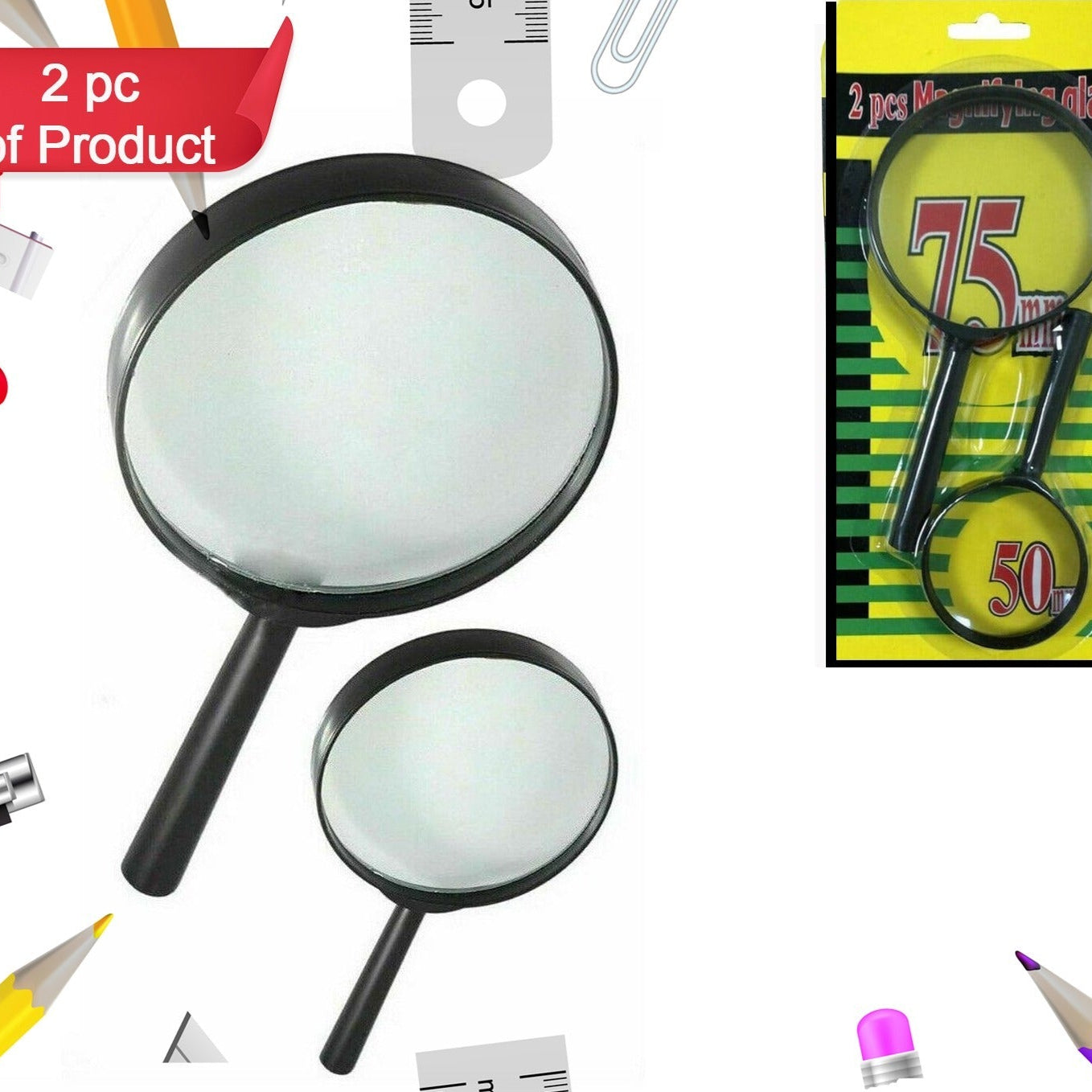 Magnifying Glass Lens - Reading Aid Made Of Glass - Real Glass Magnifying Glass That Can Be Used On Both Sides - Glass Breakage-proof Magnifying Glass Protect Eyes 75mm 50mm (2pc Set) - Happy Price - Image 1