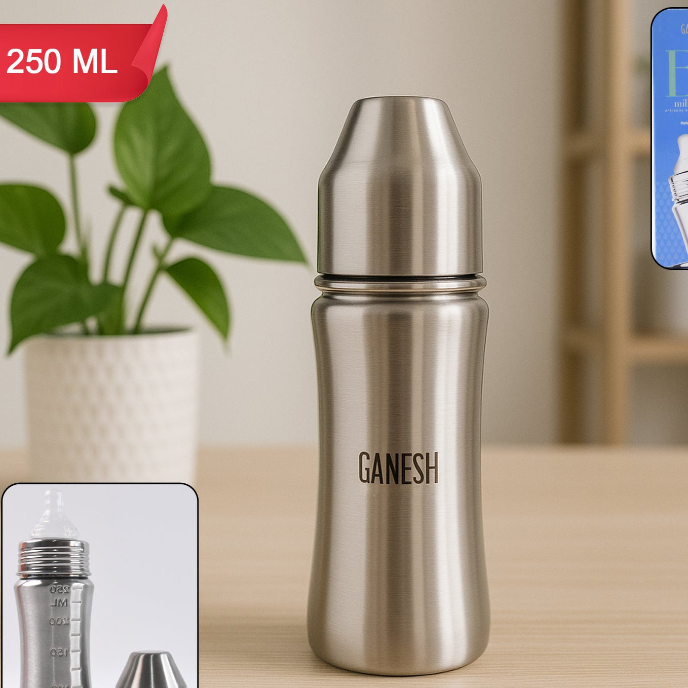 Ganesh Stainless Steel Baby Feeding Bottle Milk Bottle For New Born Infants Toddler Up To 3 Years Bfa Free (250 Ml Approx) - Happy Price - Image 1