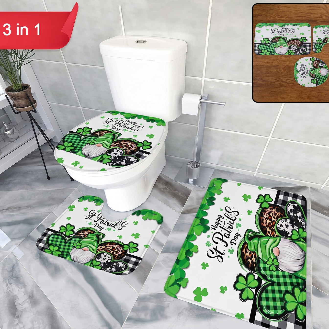 3 Piece Bathroom Mat Set - Mix Design Bath Rug, U-Shape Mat & Toilet Lid Cover - Happy Price - Image 1